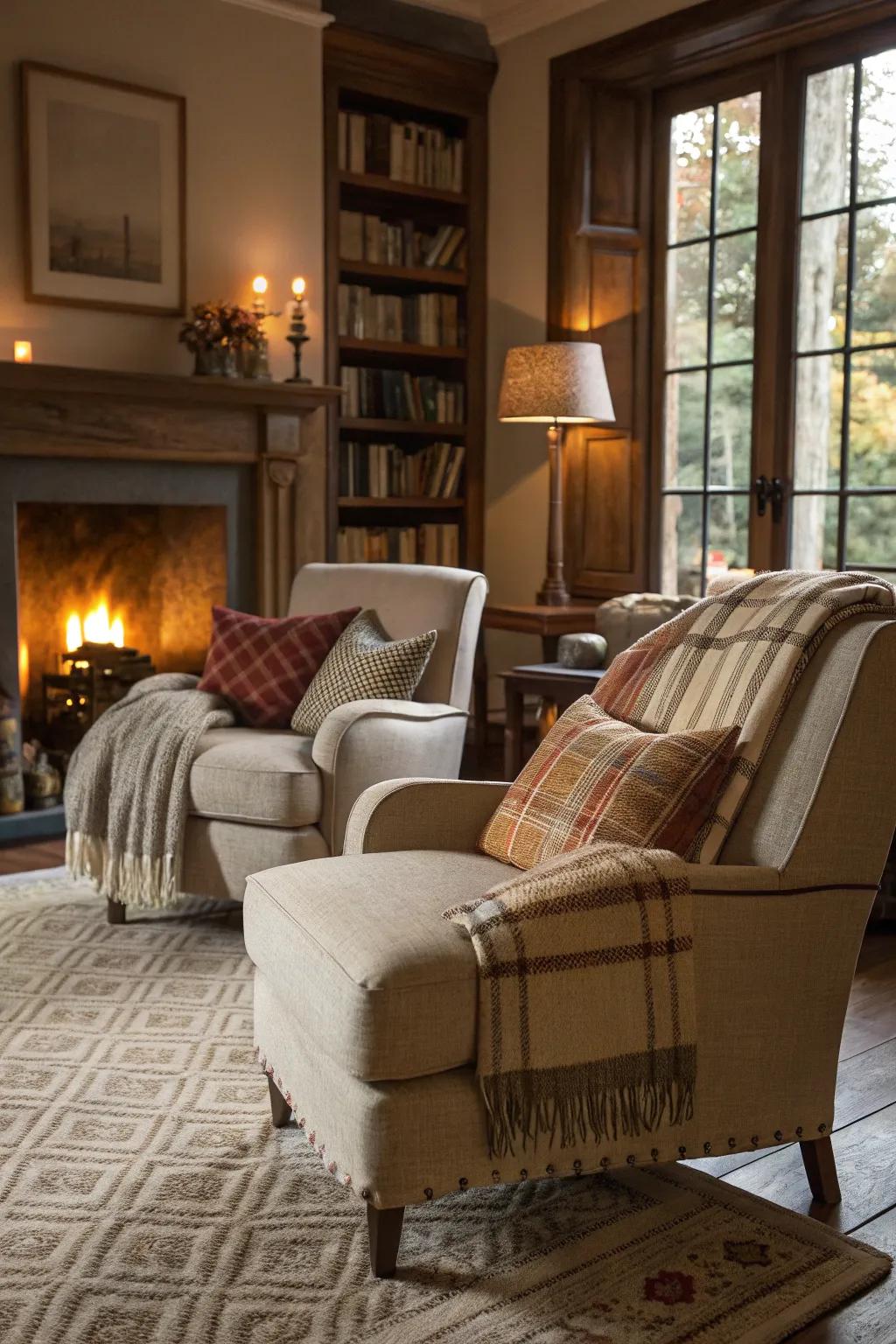 Layered textiles enhance depth and coziness.