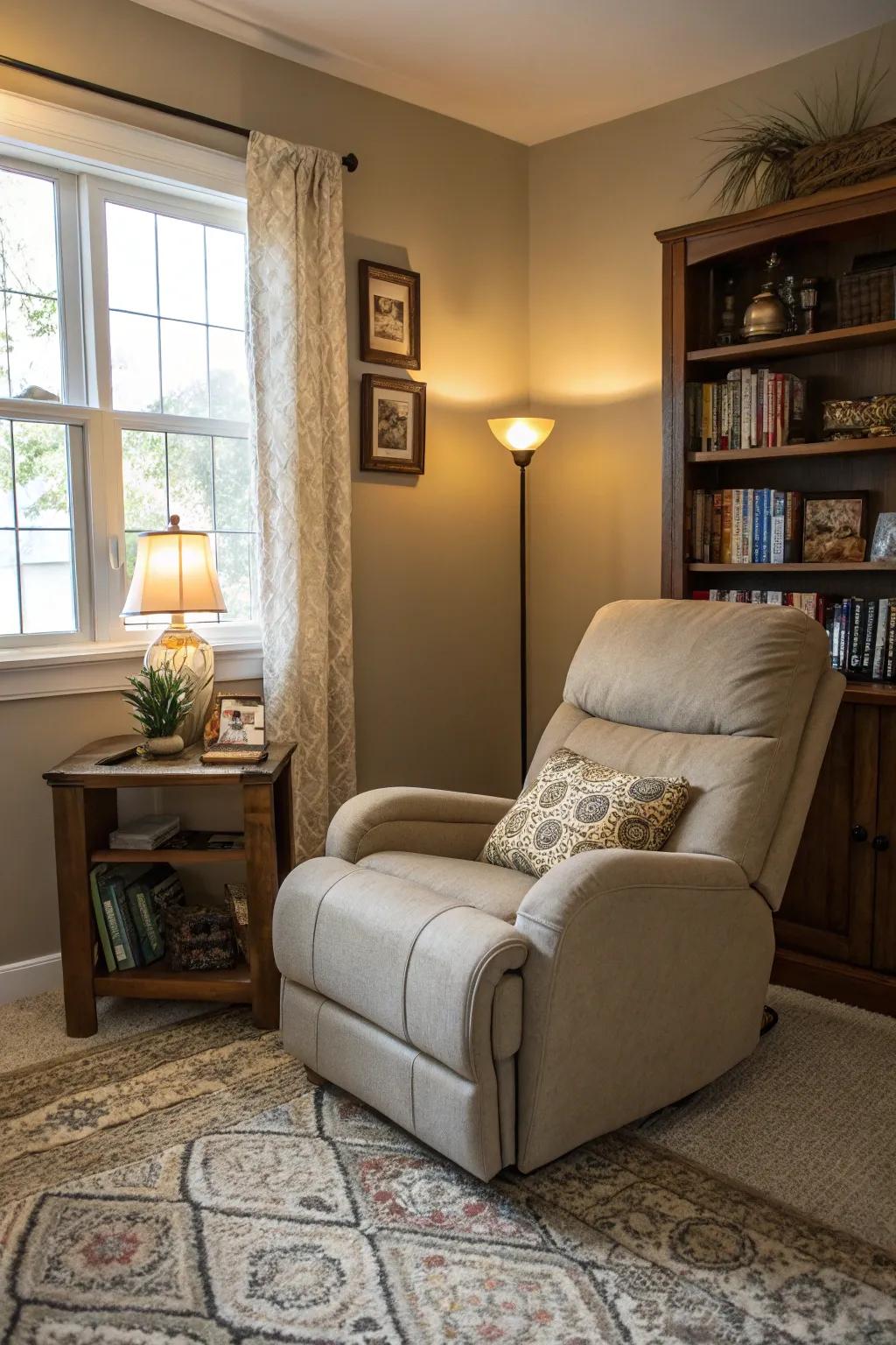 A clever design solution using a corner recliner to maximize space in a compact living room.