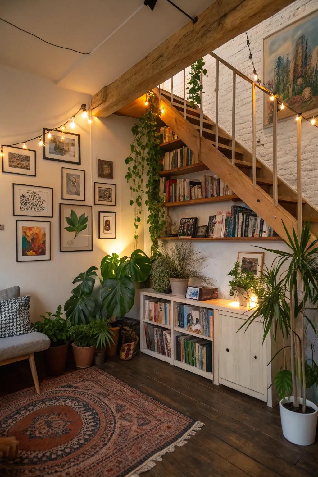 Personalized decor injecting comfort into the loft.