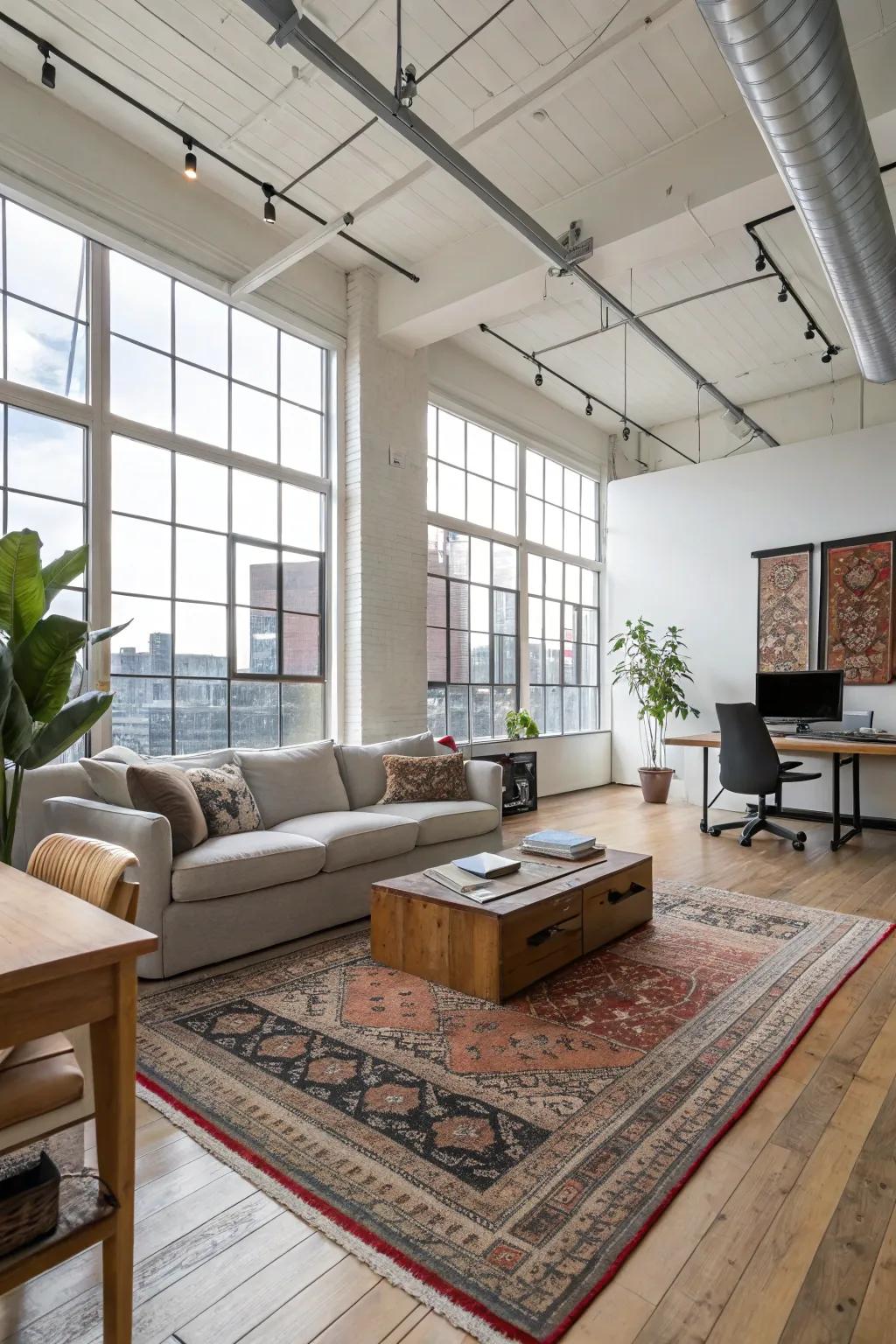 Floor coverings gracefully defining and enhancing the different zones of a loft.