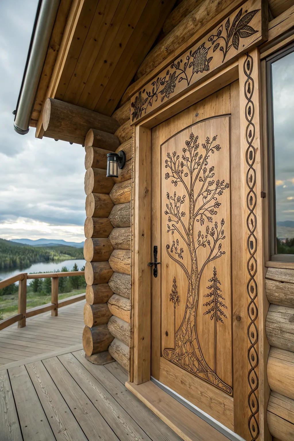 A log cabin doorway with landscape-inspired engravings.