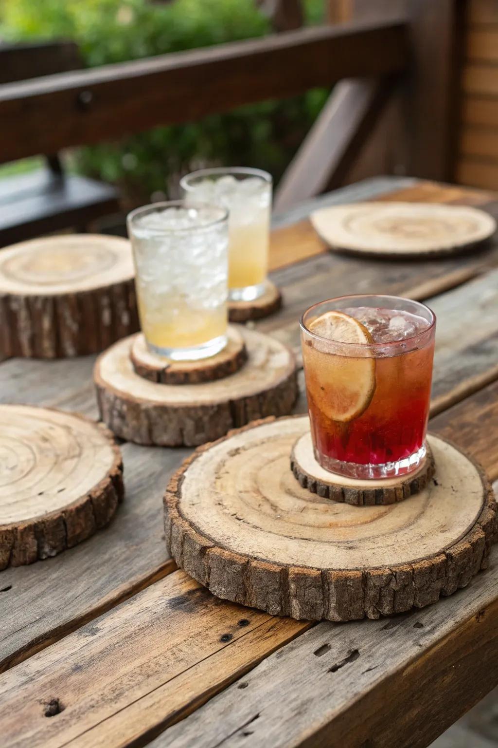 Log section coasters set on a table.
