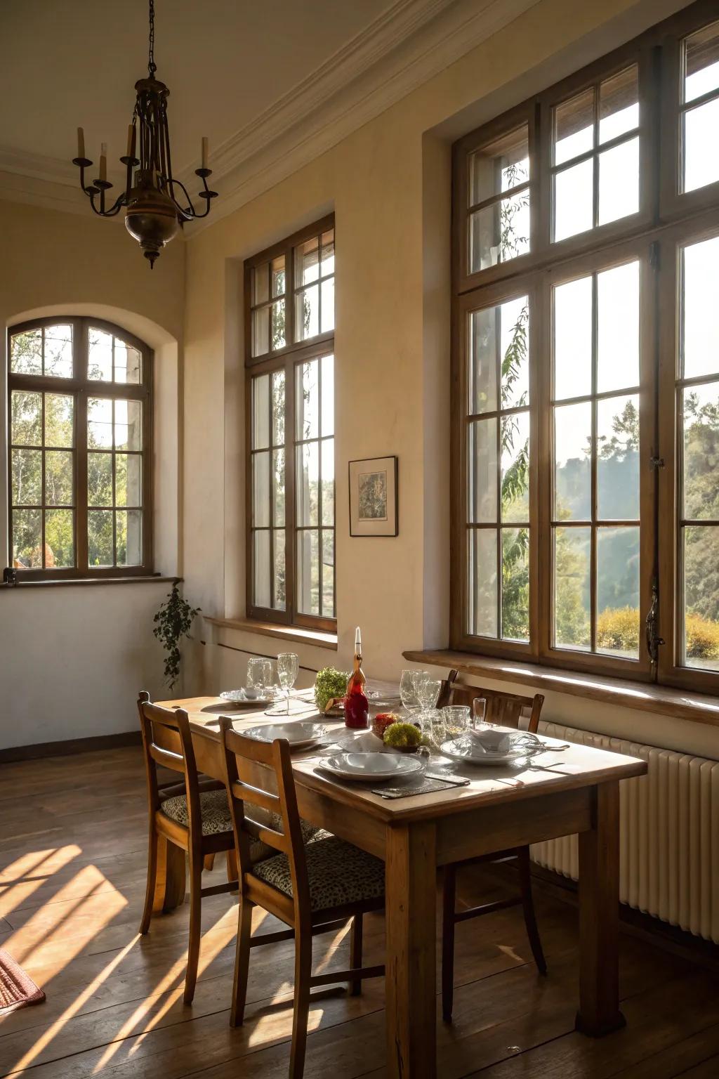 Natural light filling a dining space through large windows.