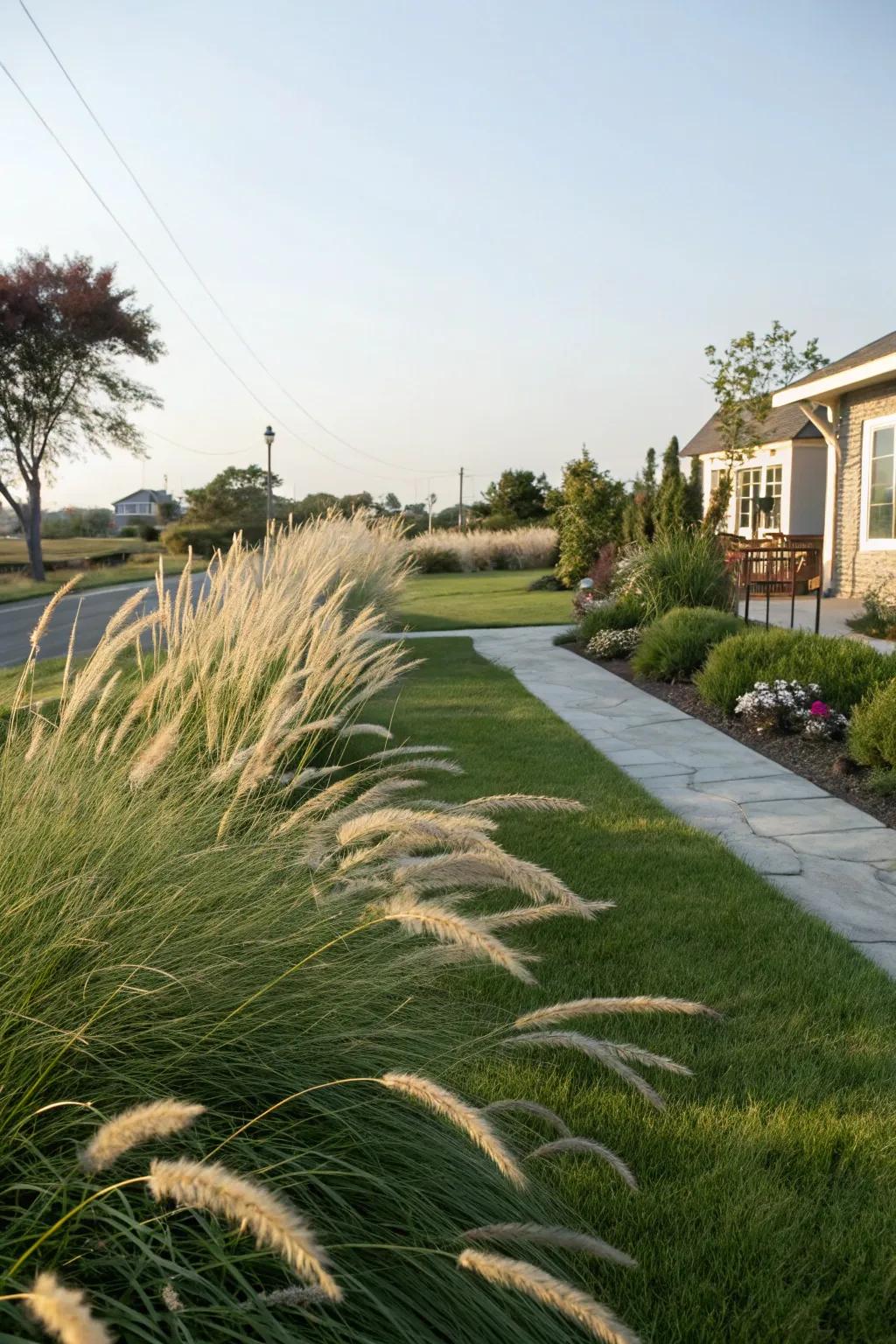 Decorative grasses providing texture and movement in a landscape.