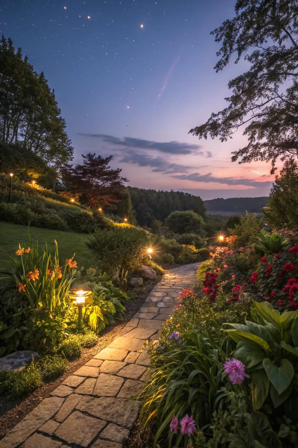 Solar-powered lights craft a magical evening ambiance.
