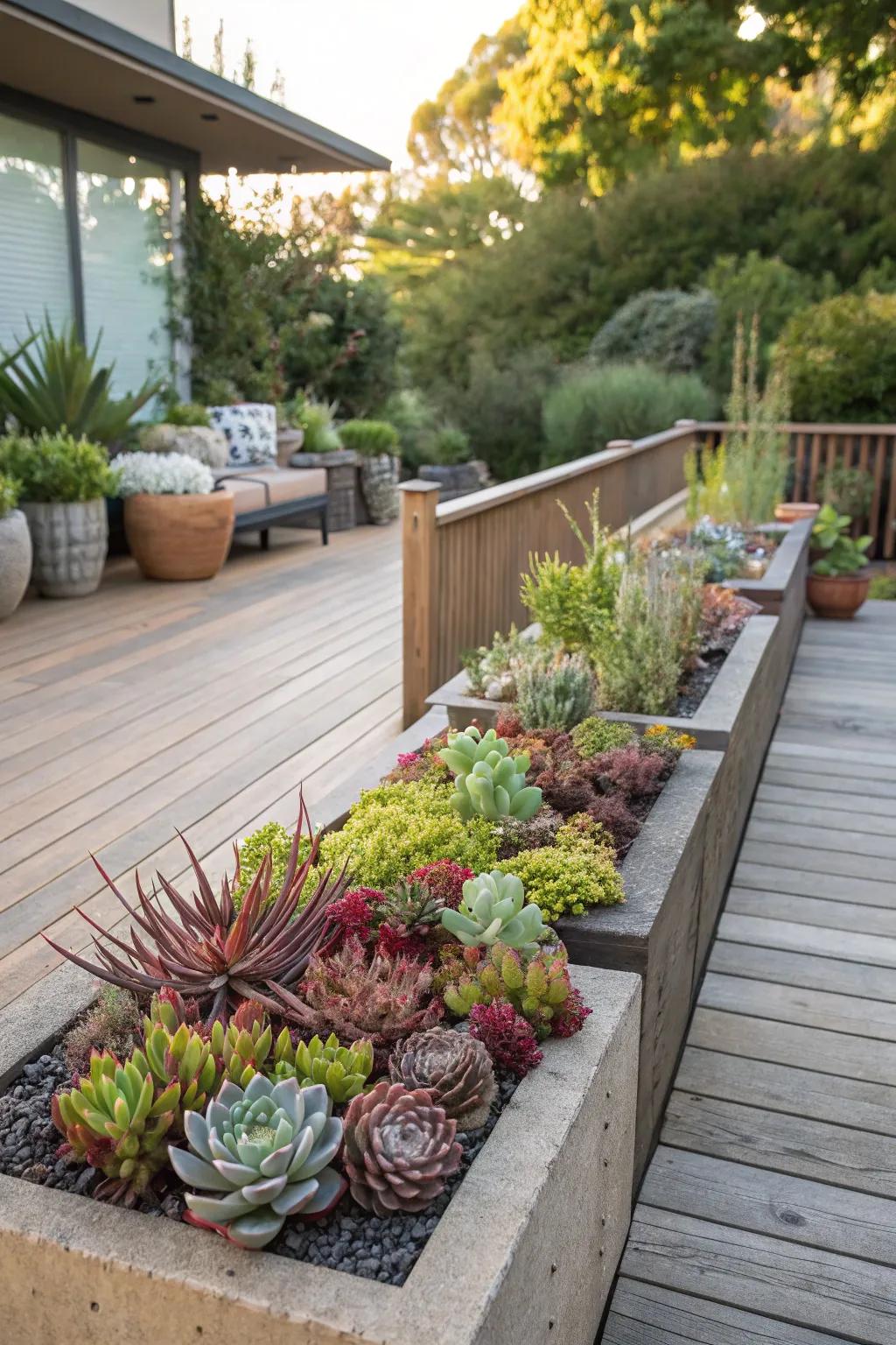 Succulents thriving in elevated planters encircling a deck.
