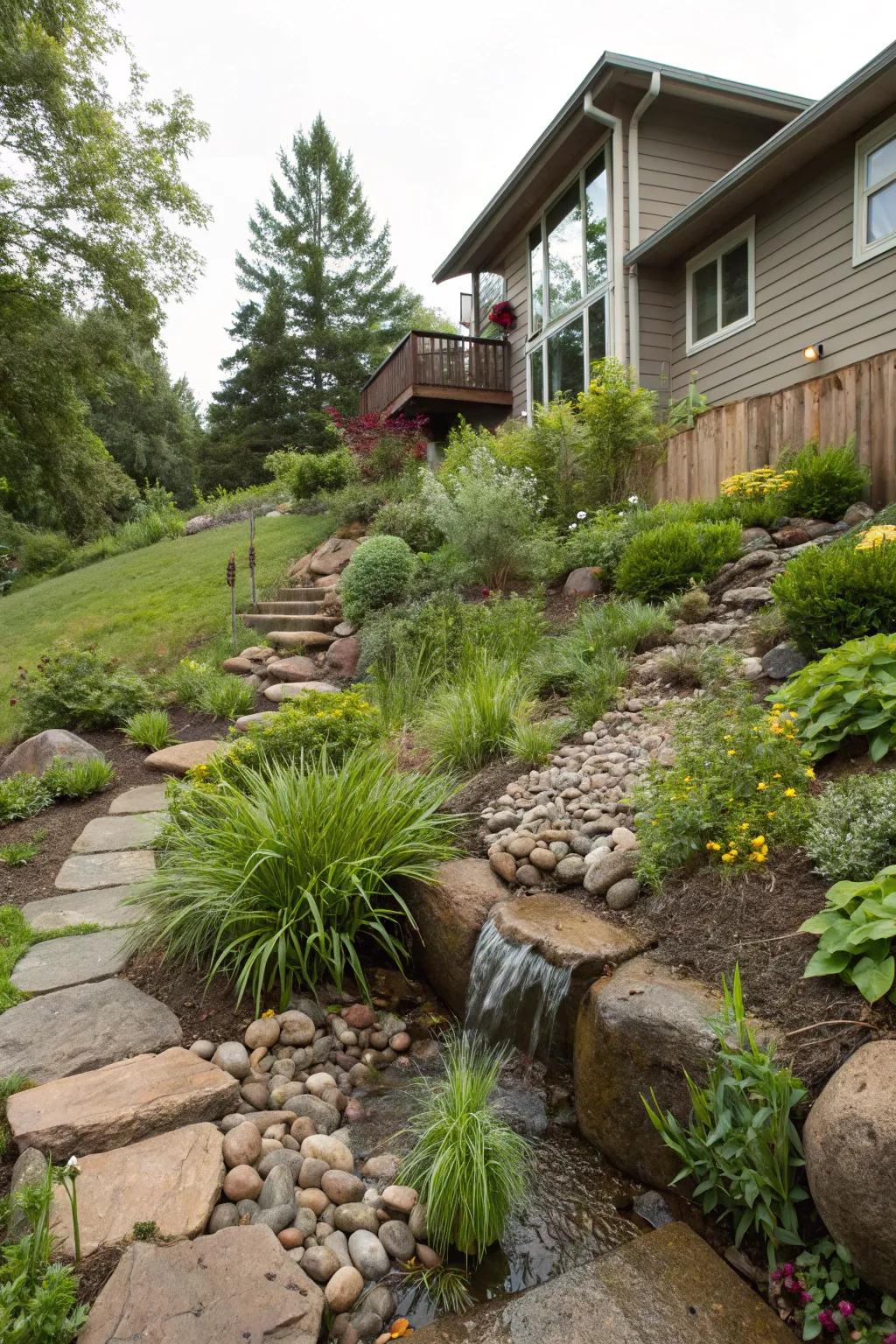 Precipitation gardens merge beauty alongside ecological merits across sloping landscapes.