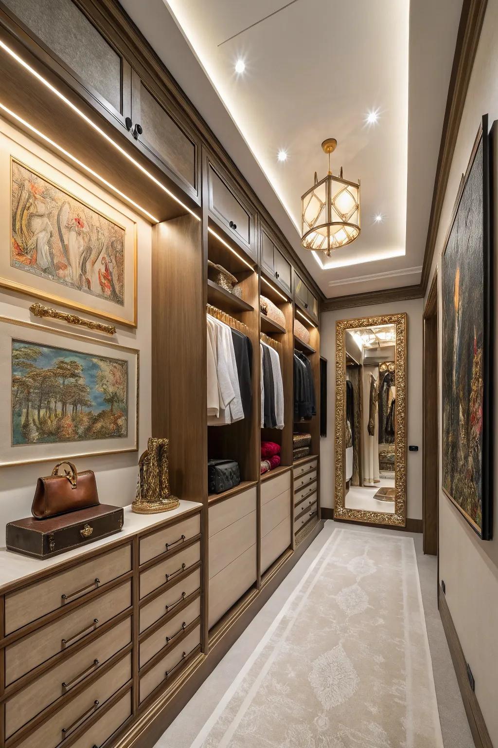 Sophisticated artwork infusing personal flair into the closet.