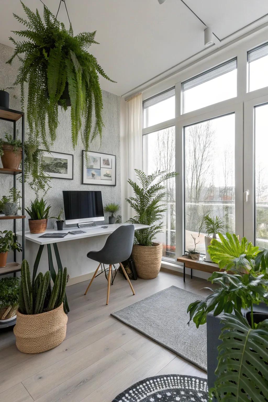 A home office improved by the presence of indoor greenery.