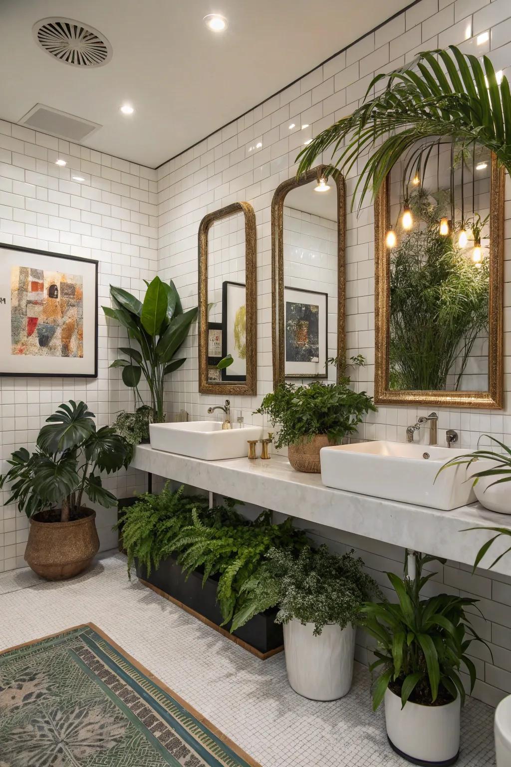 A modern bathroom decorated with plants and elegant mirrors.