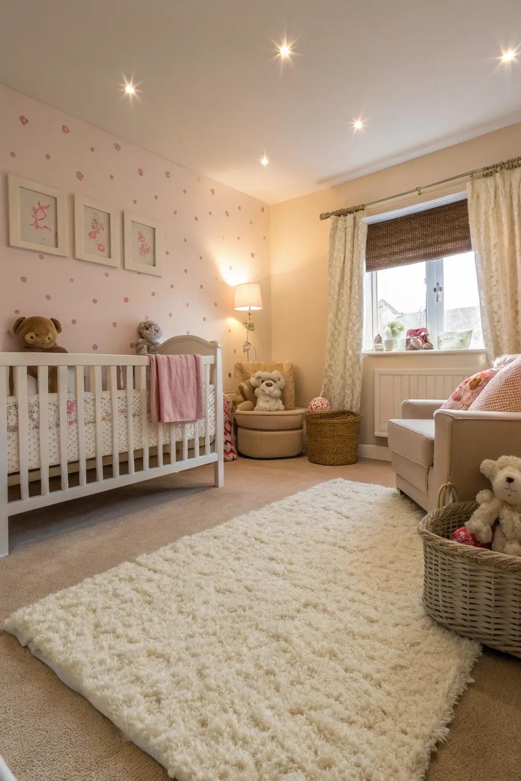 A nursery with fancy carpeting making a warm and cozy atmosphere.