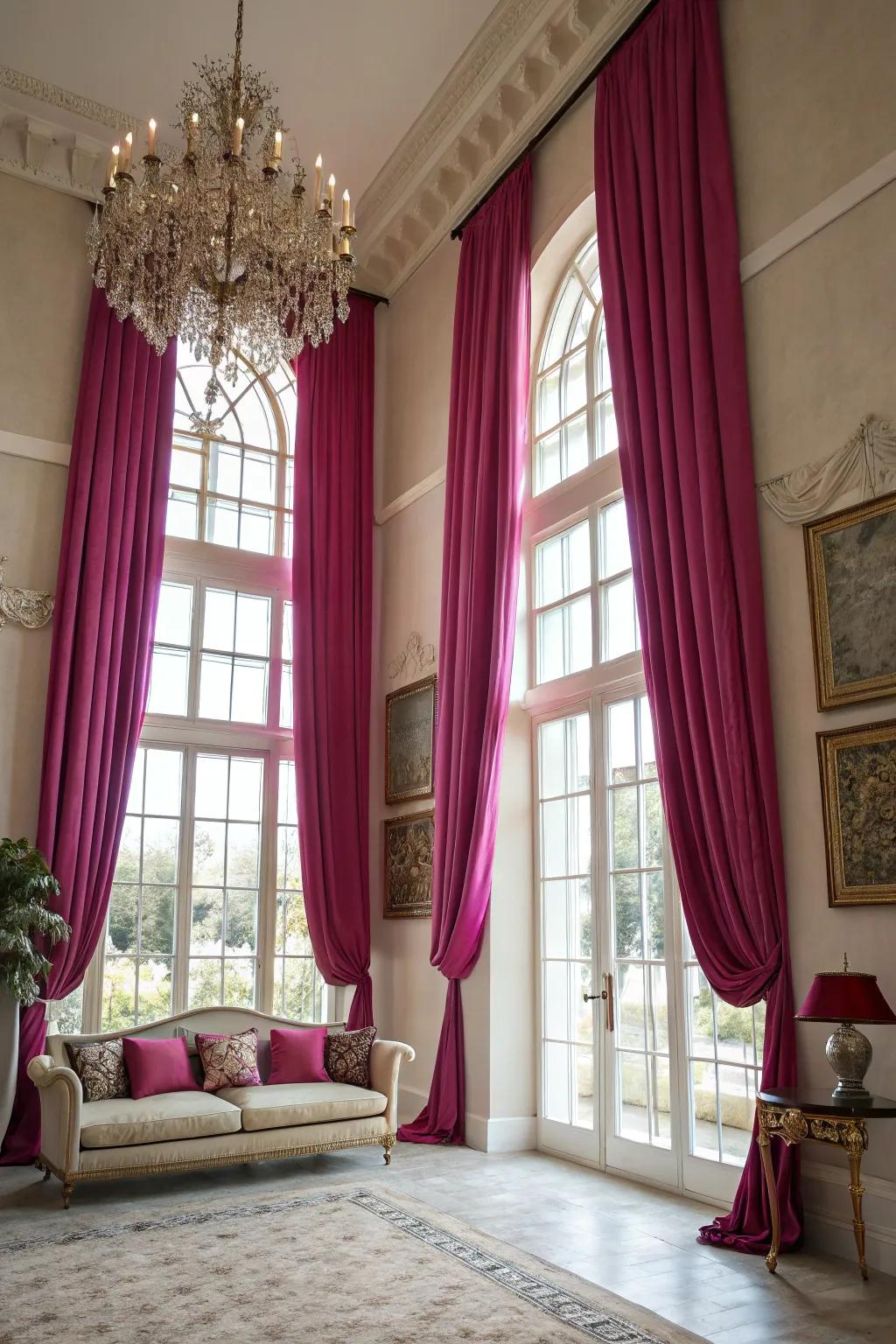 Fuchsia drapes add drama and elegance to this beautifully decorated room.