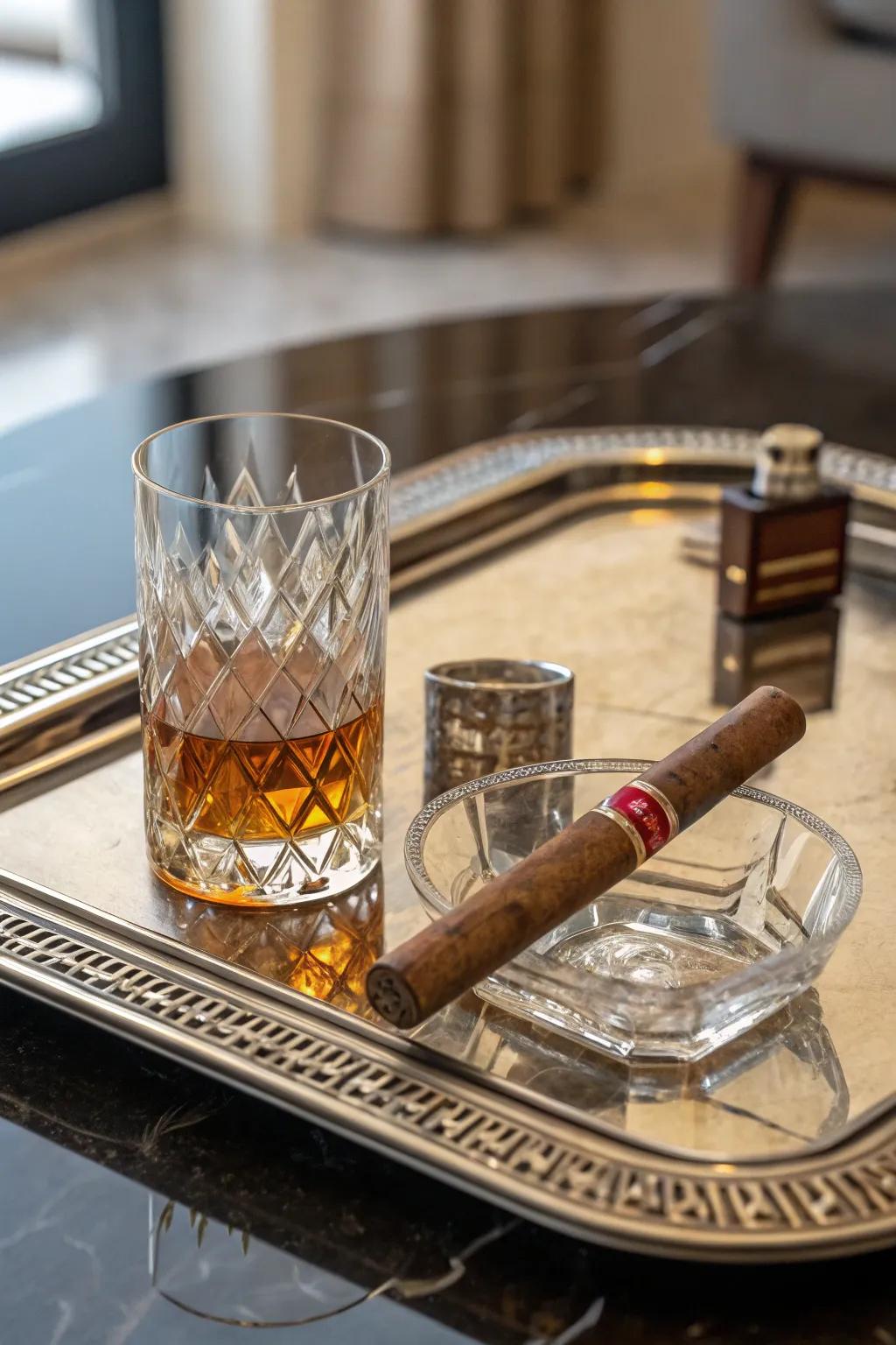 A cigar and whiskey tray blends elegance with functionality.