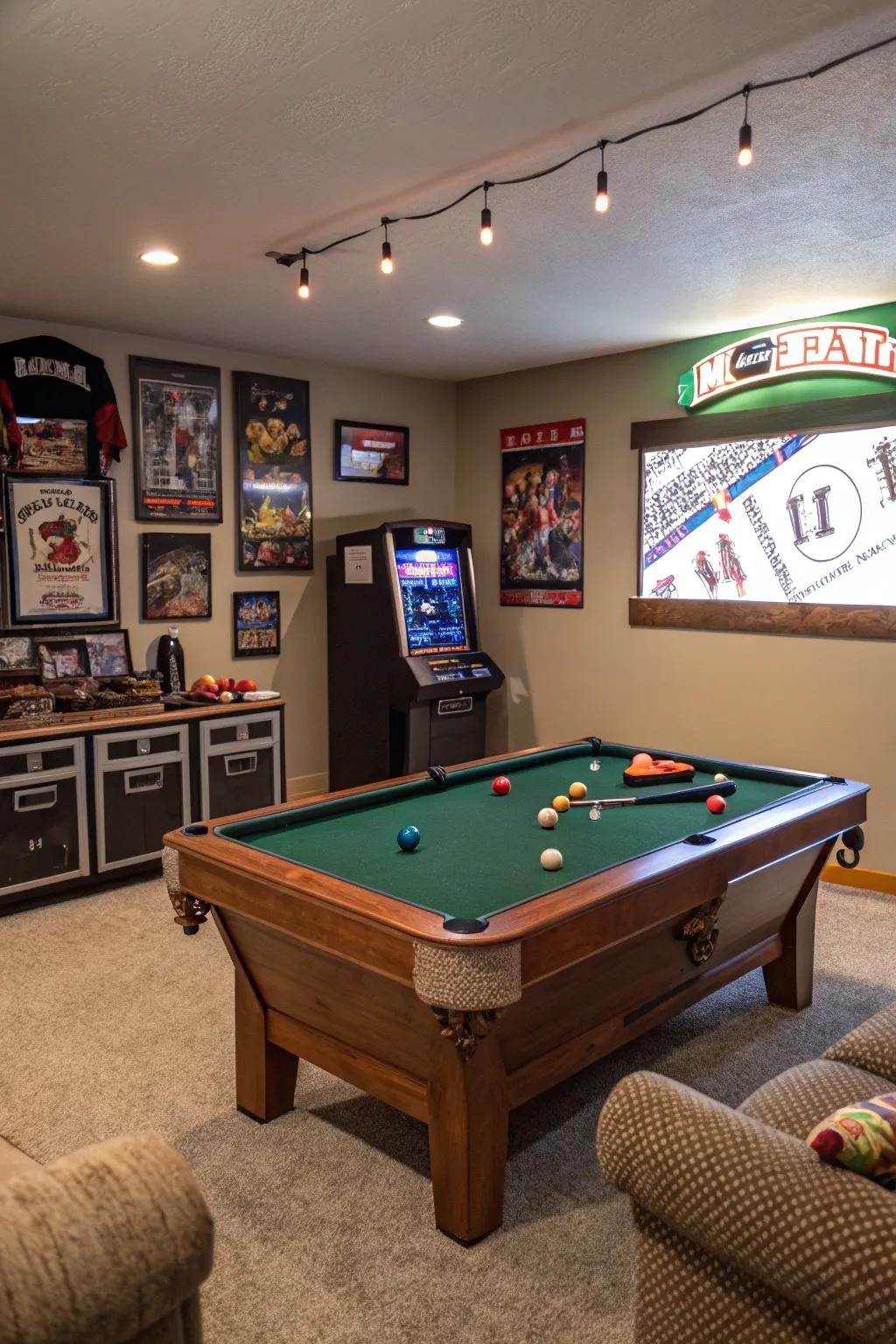 Diversions and leisure contribute to establishing this man cave as an enjoyable venue.