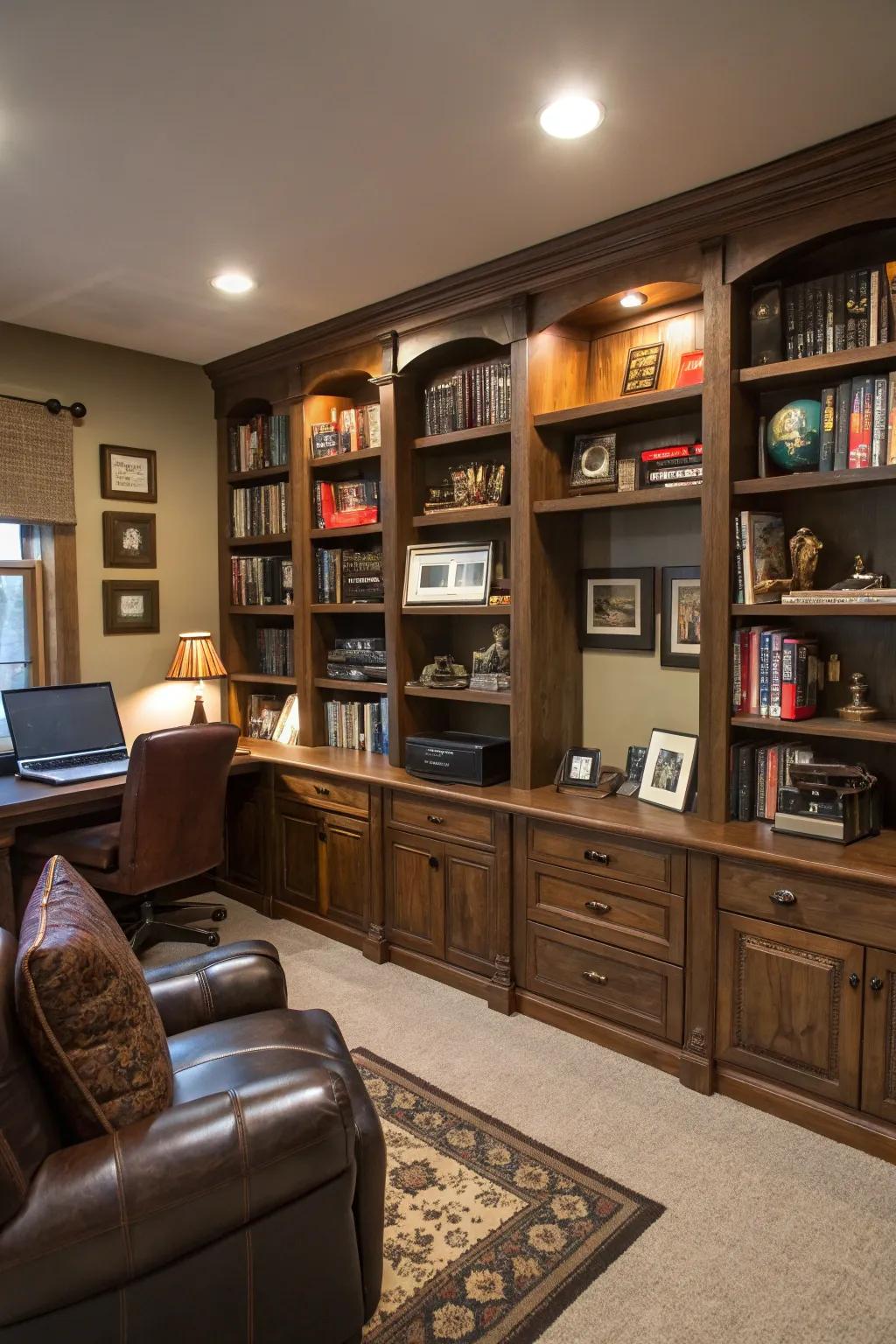 Clever shelving keeps the workspace organized and stylish.