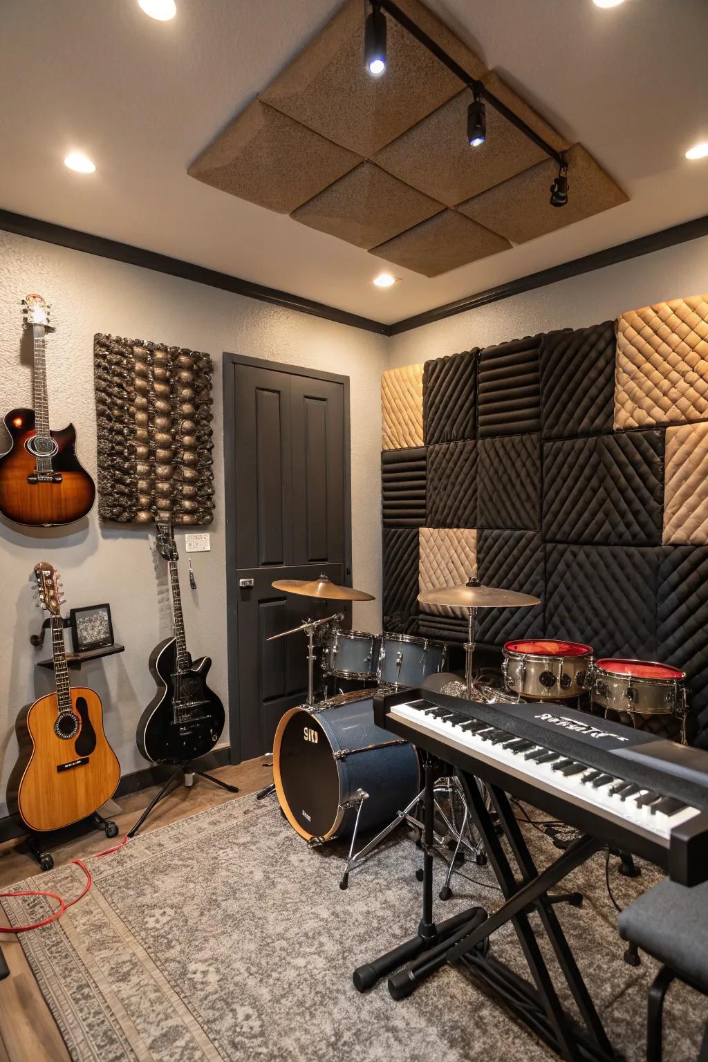 Insulated music sector featuring acoustic boards and instruments.