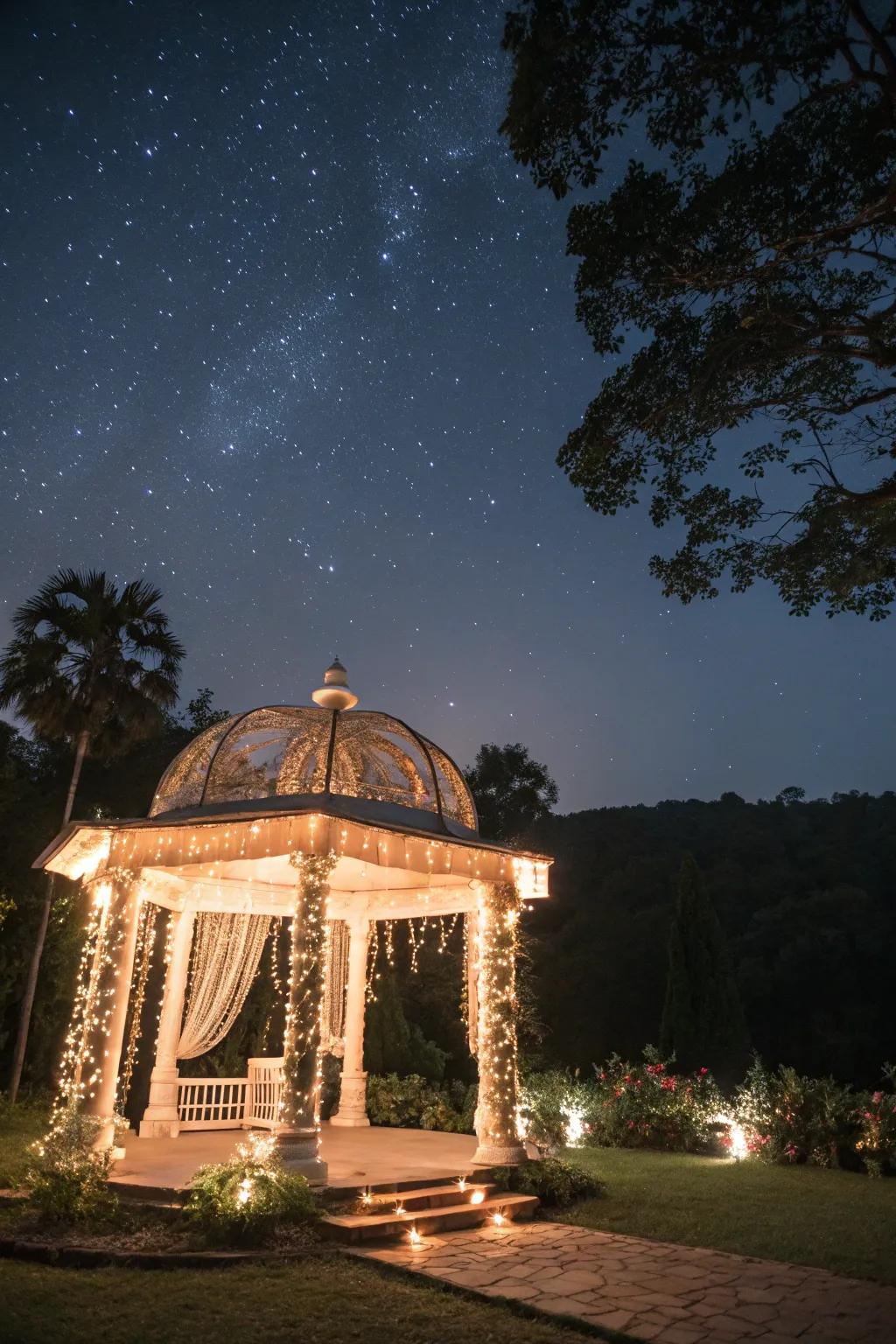 Twinkle lights fashion an enchanting radiance for an evening mandap.