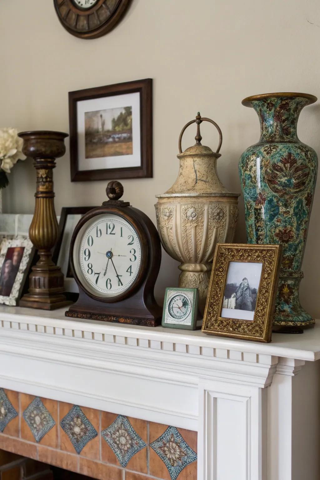 An eclectic mantel creates a unique style.