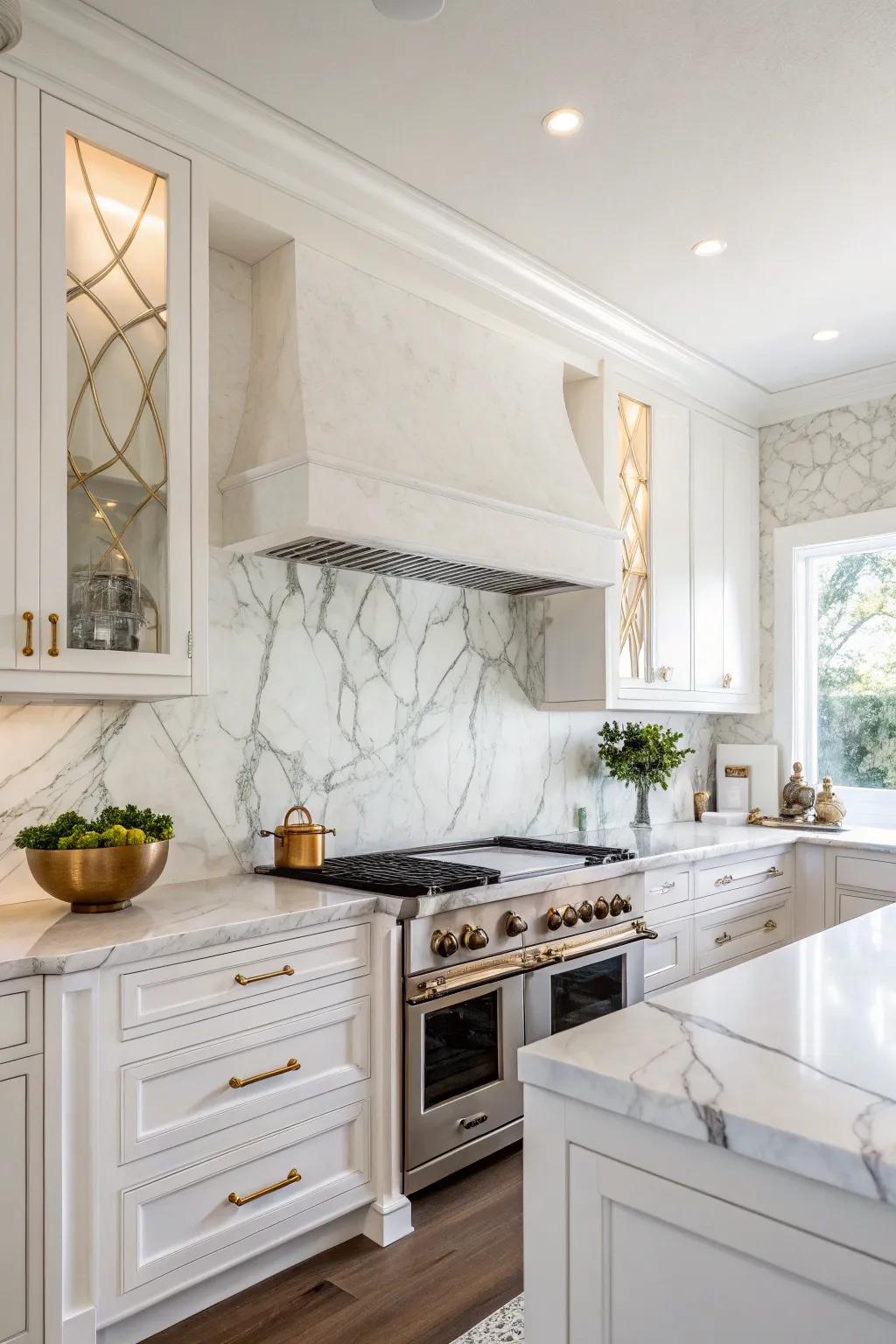 A kitchen that feels bright and open with a pure white marble backsplash.