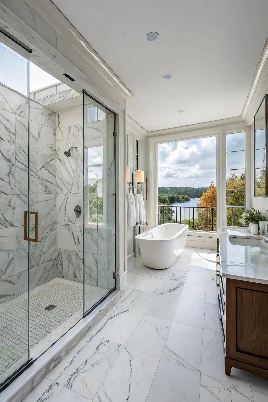 Marble and glass mix to form a modern, airy vibe.