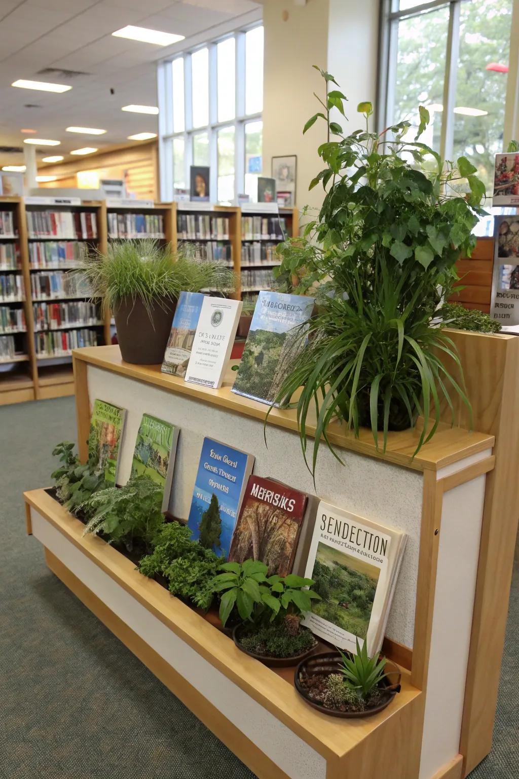 An inviting display of environmental reads with natural components.