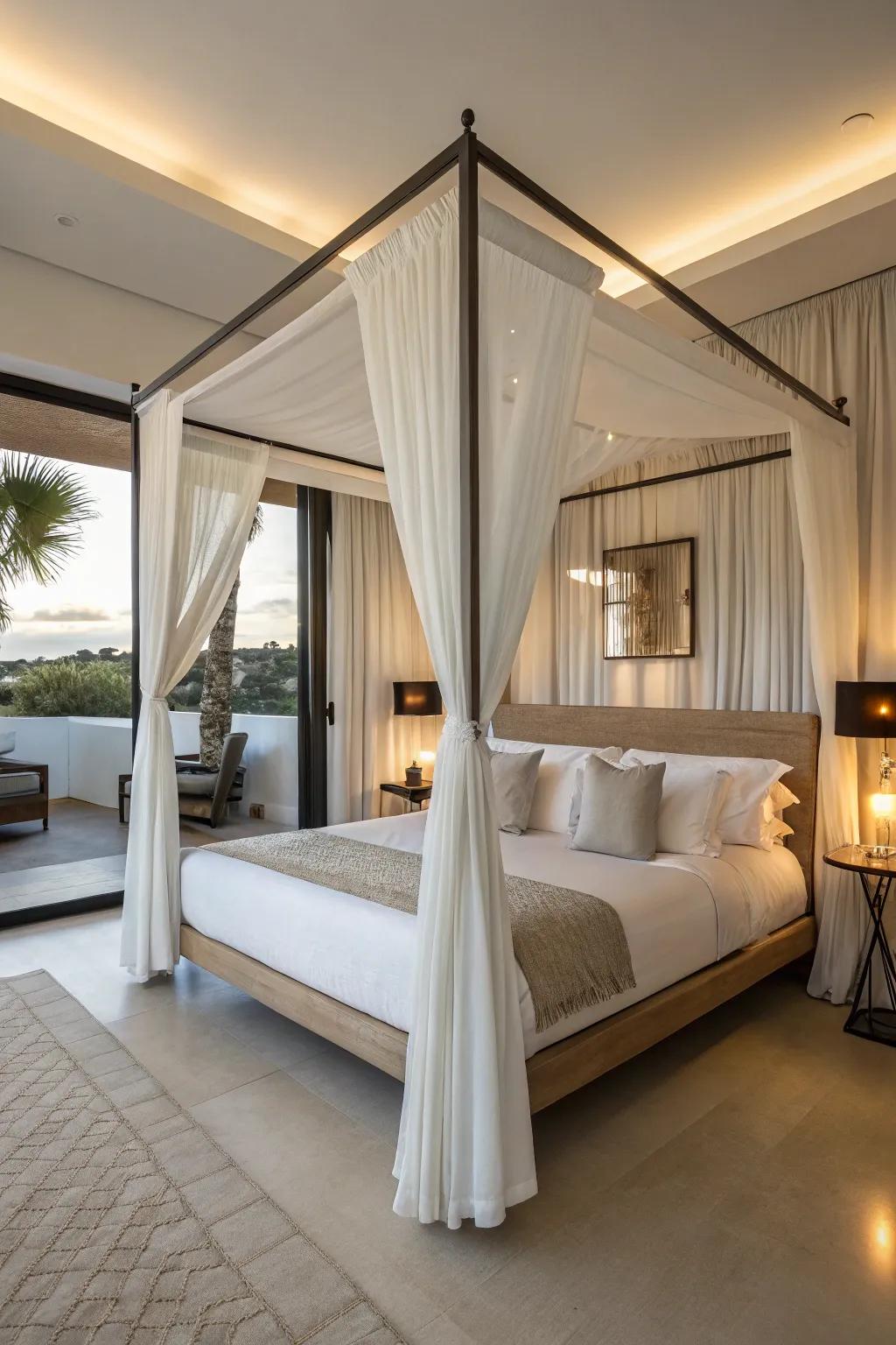 A modern draped lounger infuses elegance and a hint of theatrics.