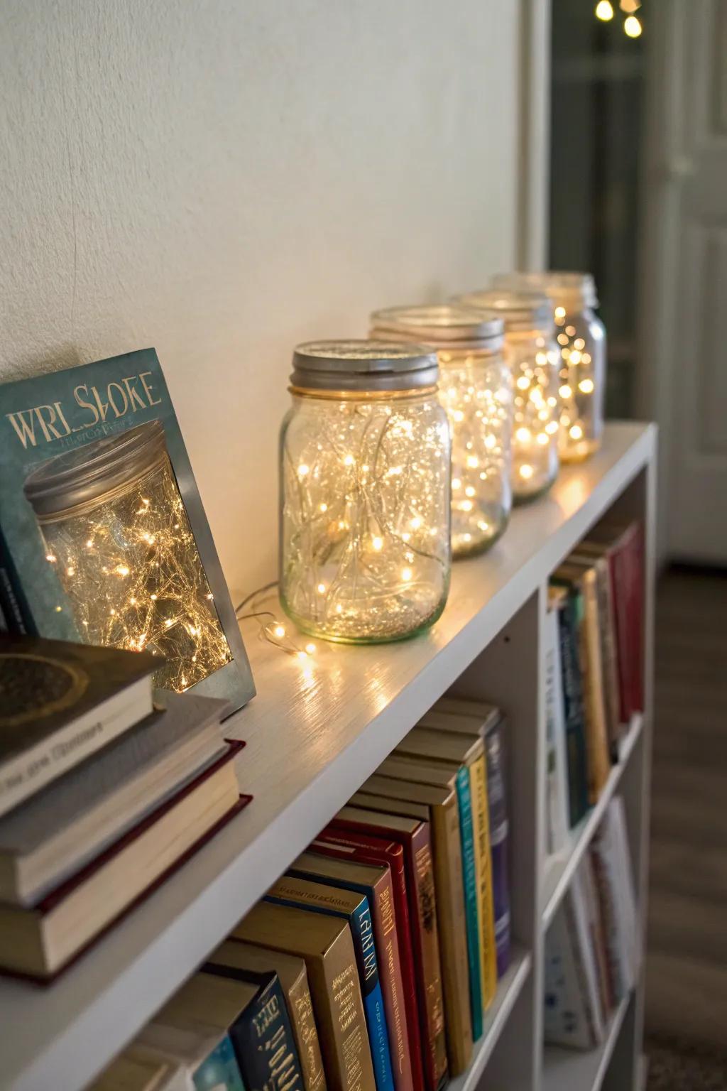 Whimsical preserving-style jar fairy light displays on a shelf.