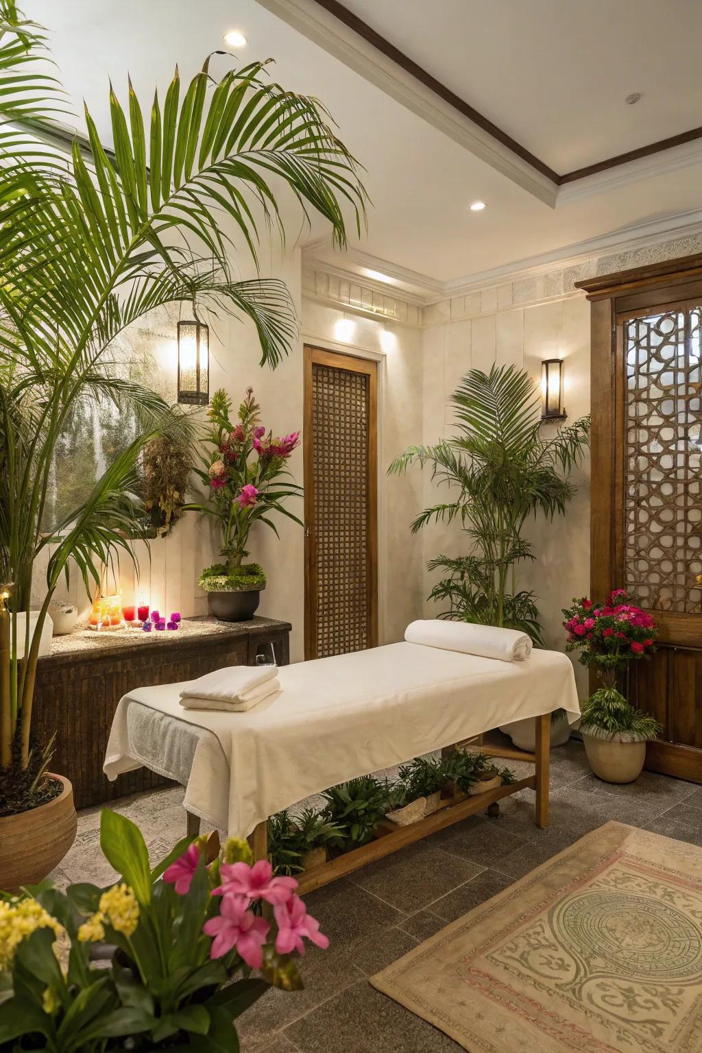 A massage room with a scenic tropical theme.