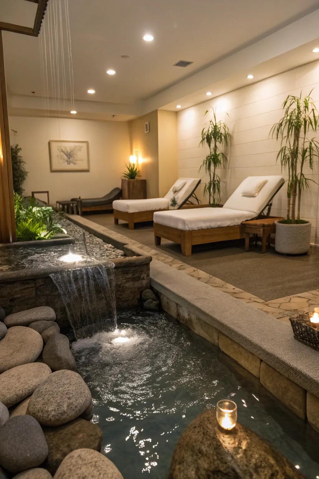 A water feature enriches the room's soothing atmosphere.
