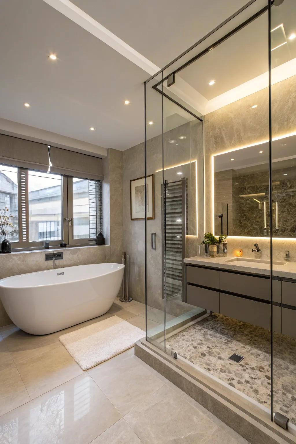 The wet chamber layout delivers a polished and functional resolution within this contemporary bathing area.