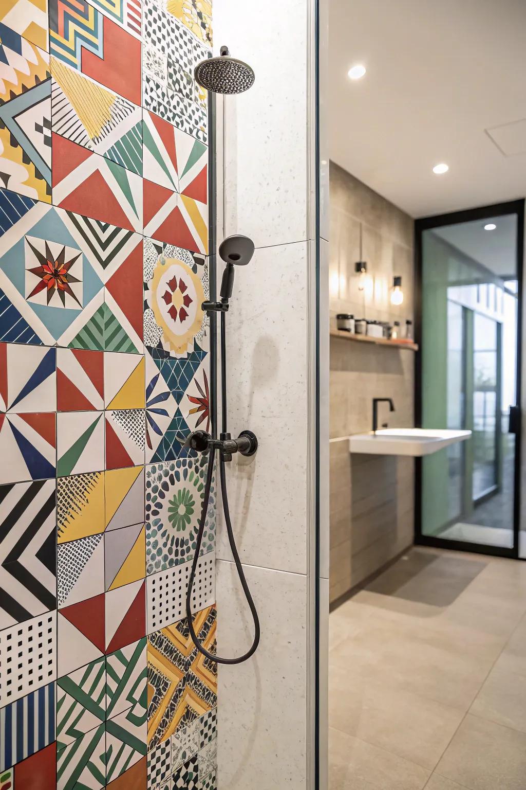 A shower showcasing striking geometric patterned tiling for an up-to-date style.