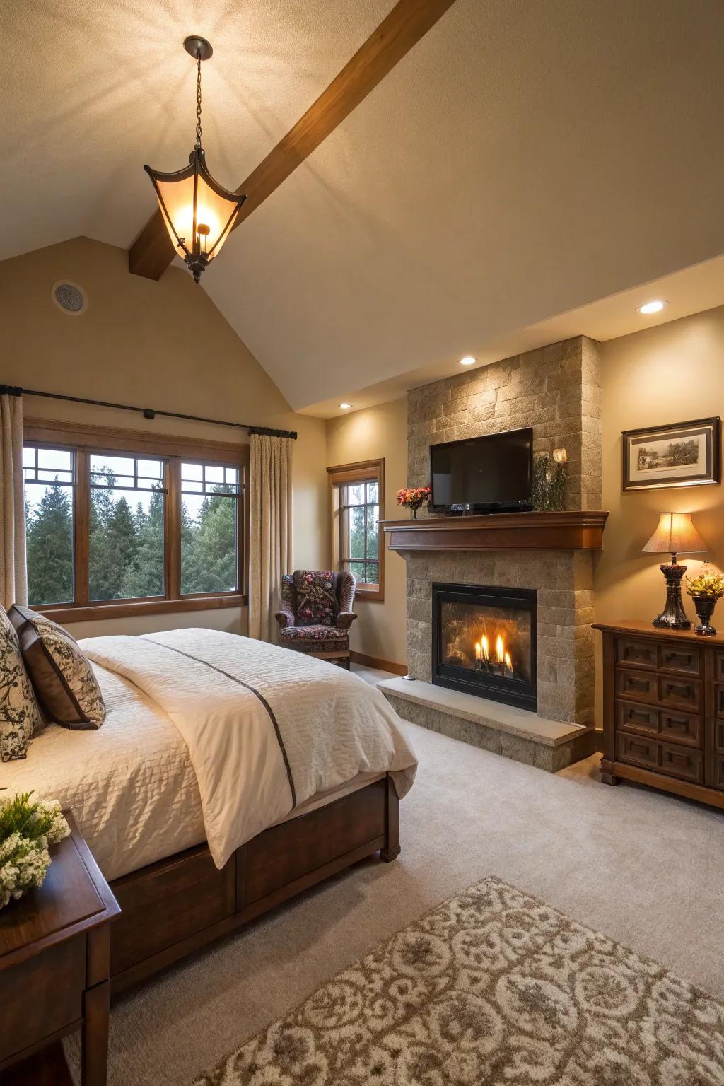 Angled hearths offer a unique and space-saving focal point.