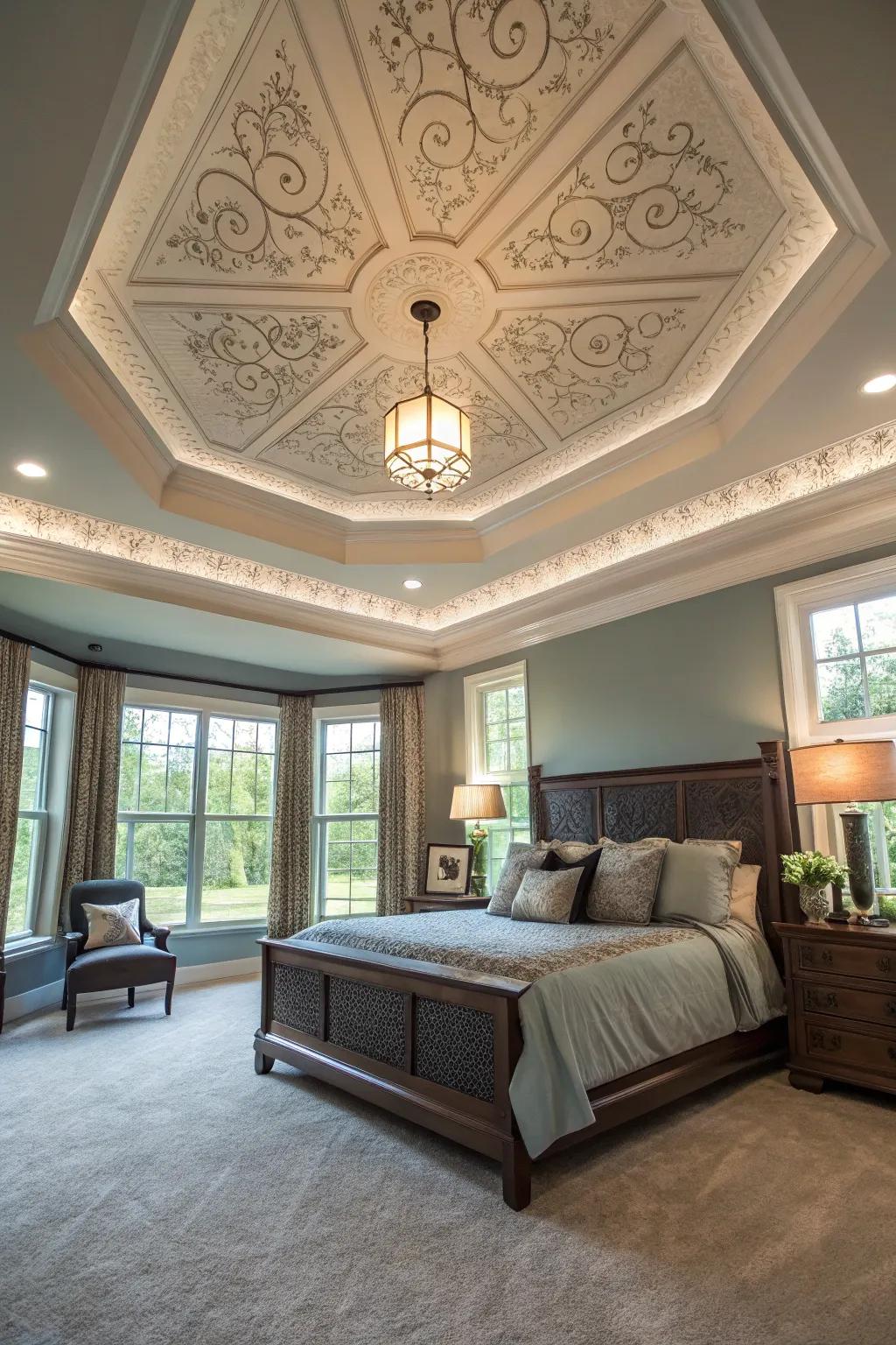 A ceiling with recessed space adds a bold, dramatic flair to your bedroom.