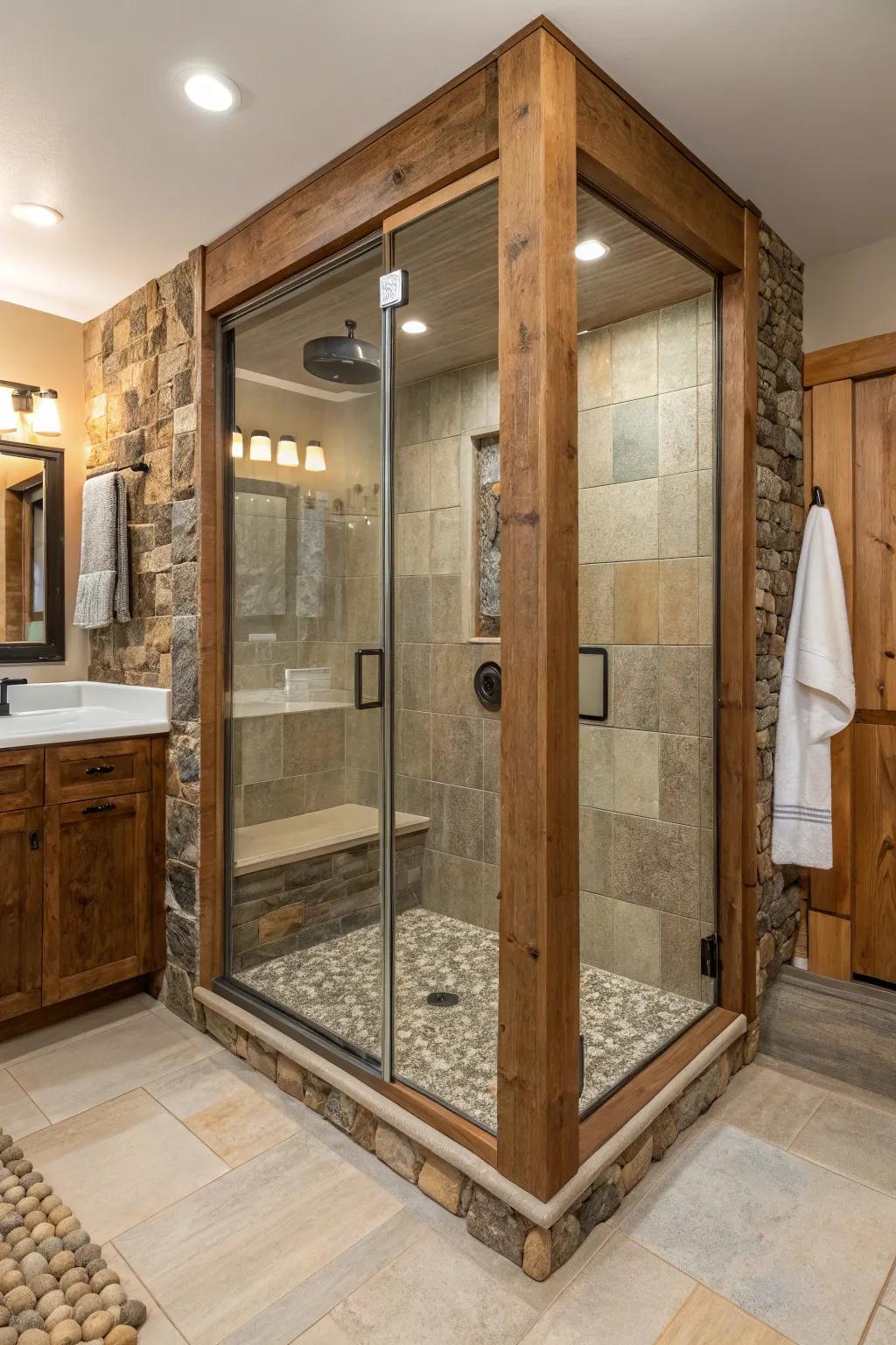 A fusion of materials crafts a harmonious and appealing shower area.