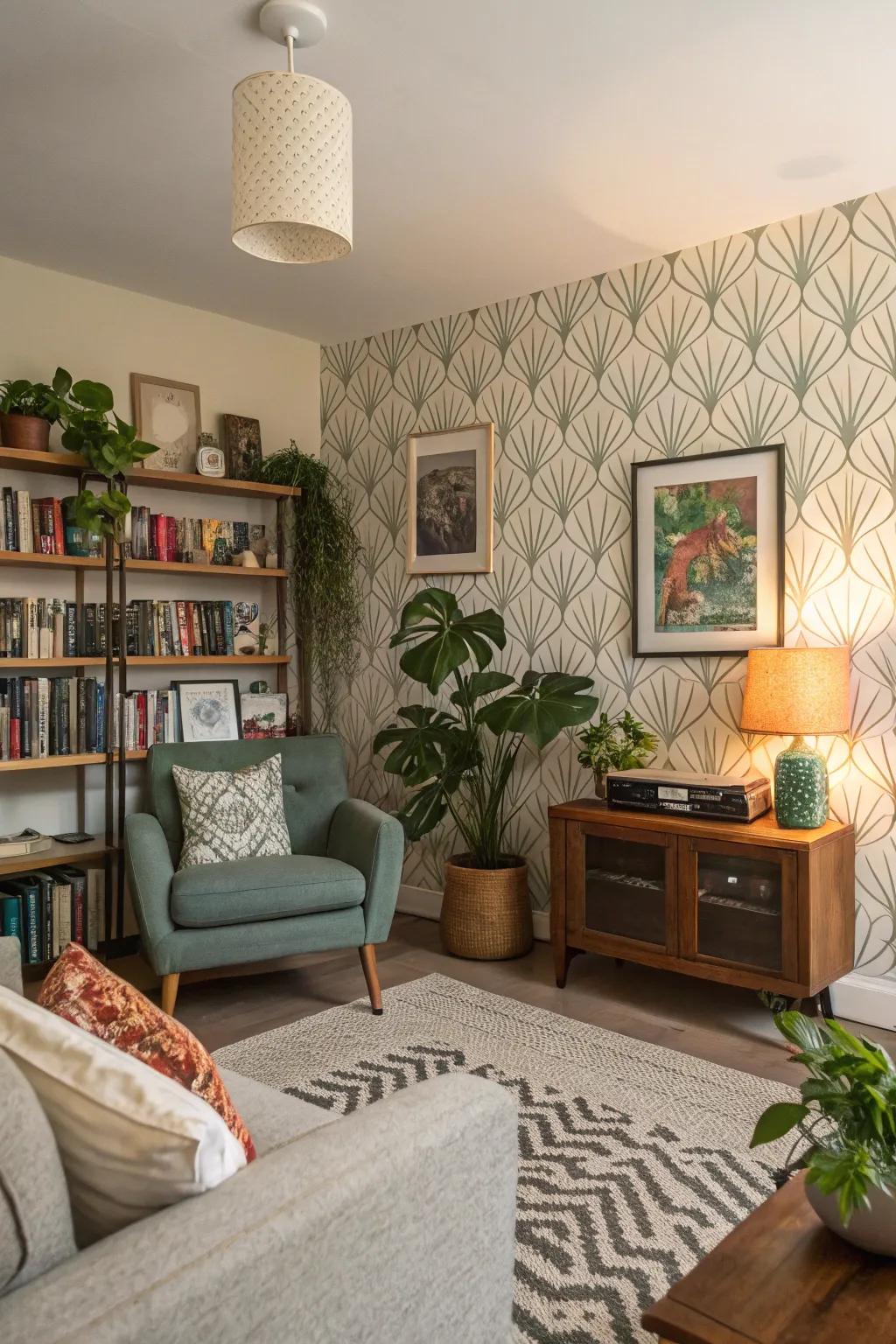 Distinct wallpaper choices echo personal aesthetic in a cozy living space.