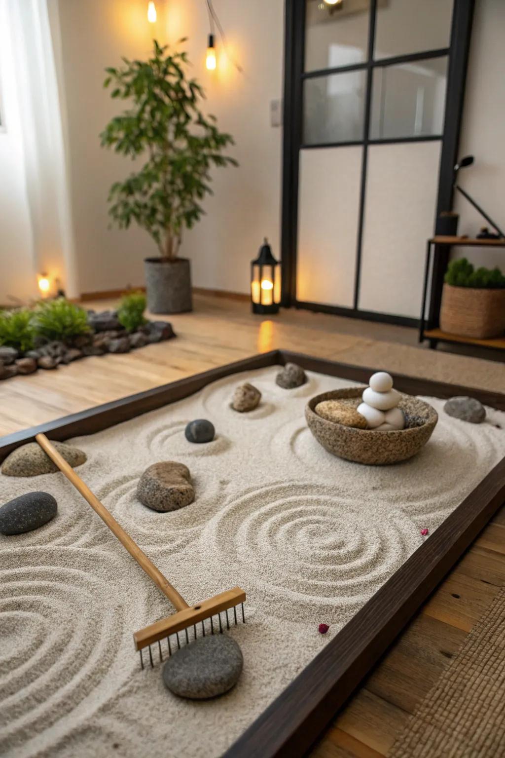 A DIY Zen garden brings a tactile and meditative element to your space.