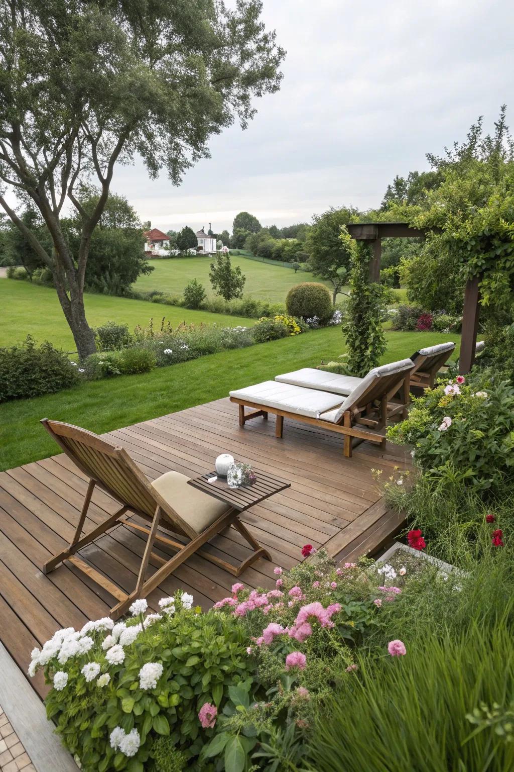 Decks and patios establish practical outdoor living spaces.