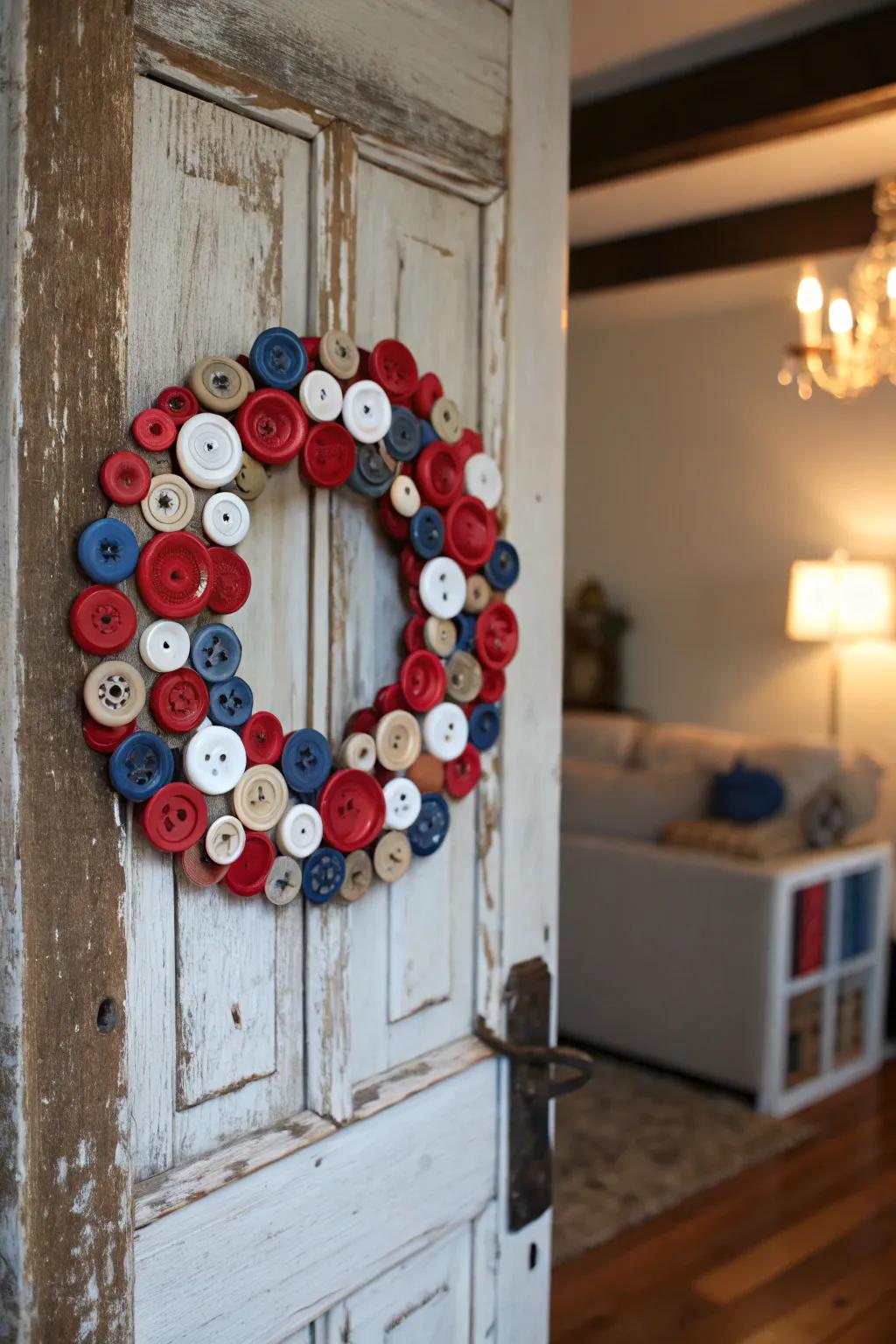 A textured wreath made from repurposed fasteners.