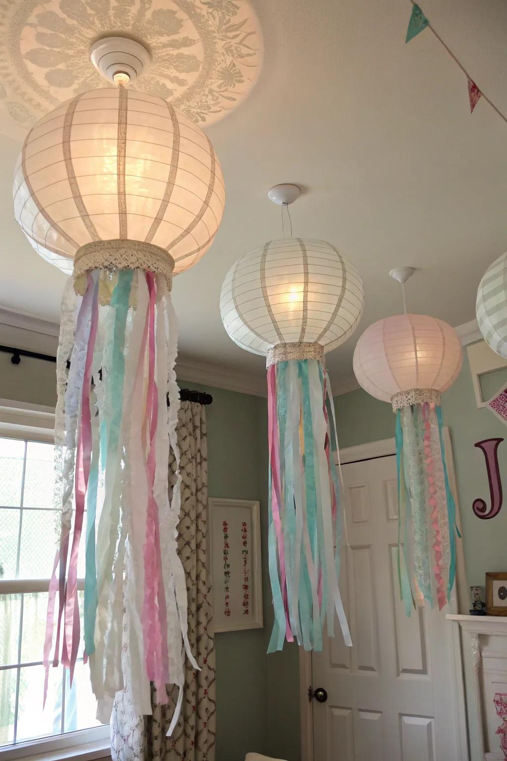 Jellyfish lanterns bring a whimsical touch to the ceiling.