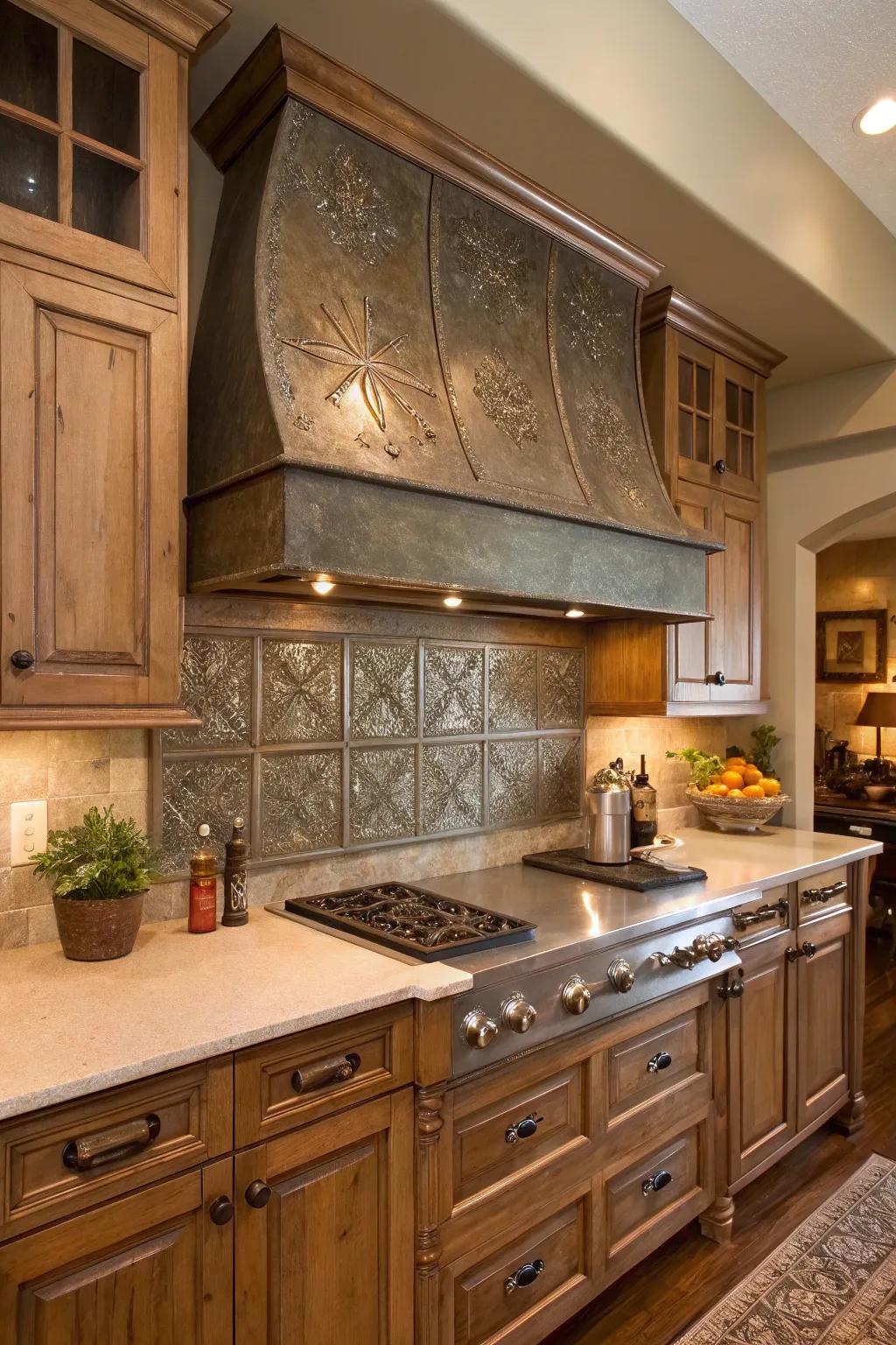 A kitchen featuring an aged metallic backsplash for retro feels.