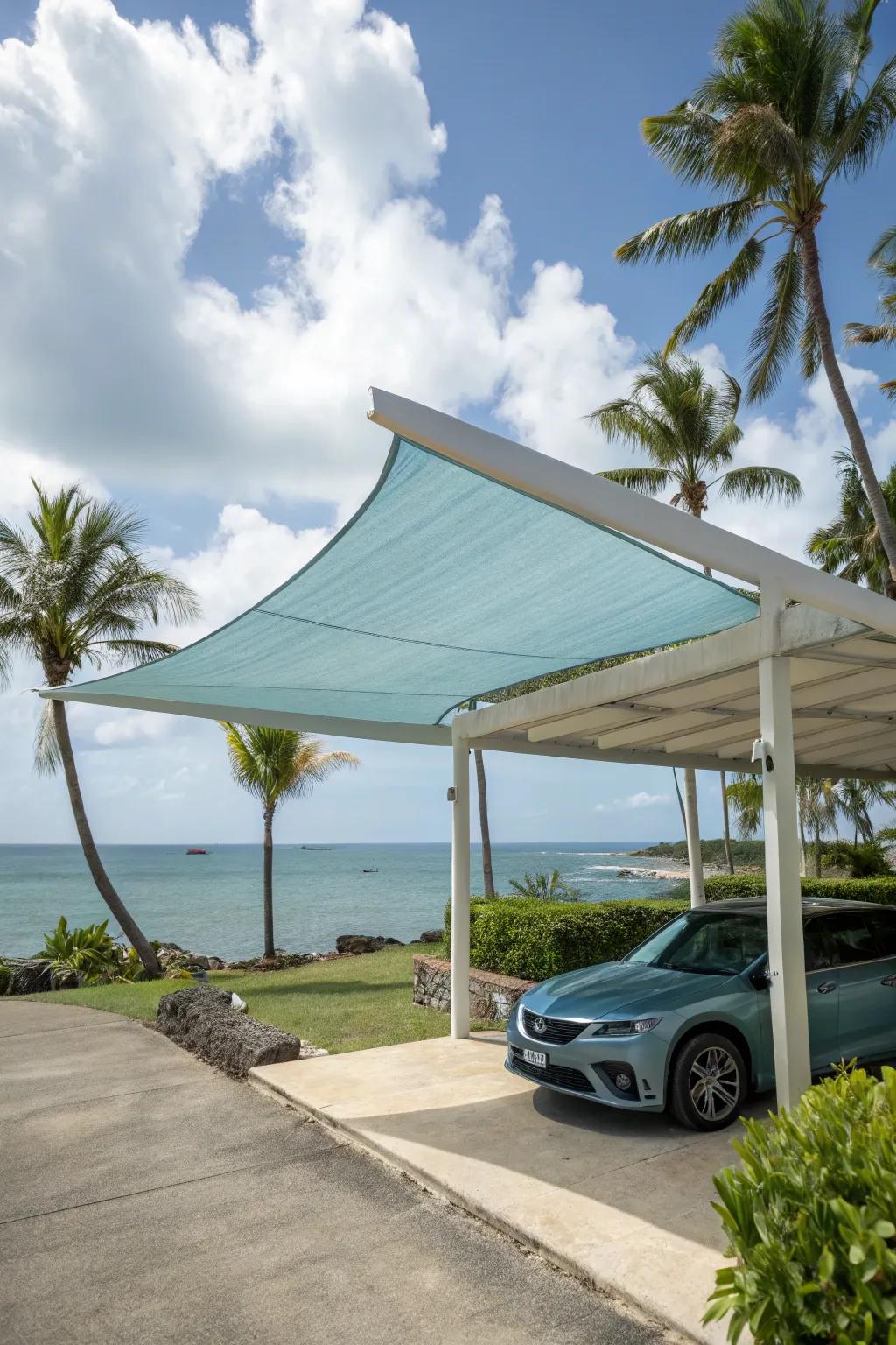 Shade sail carports offer a stylish and breezy protective cover.