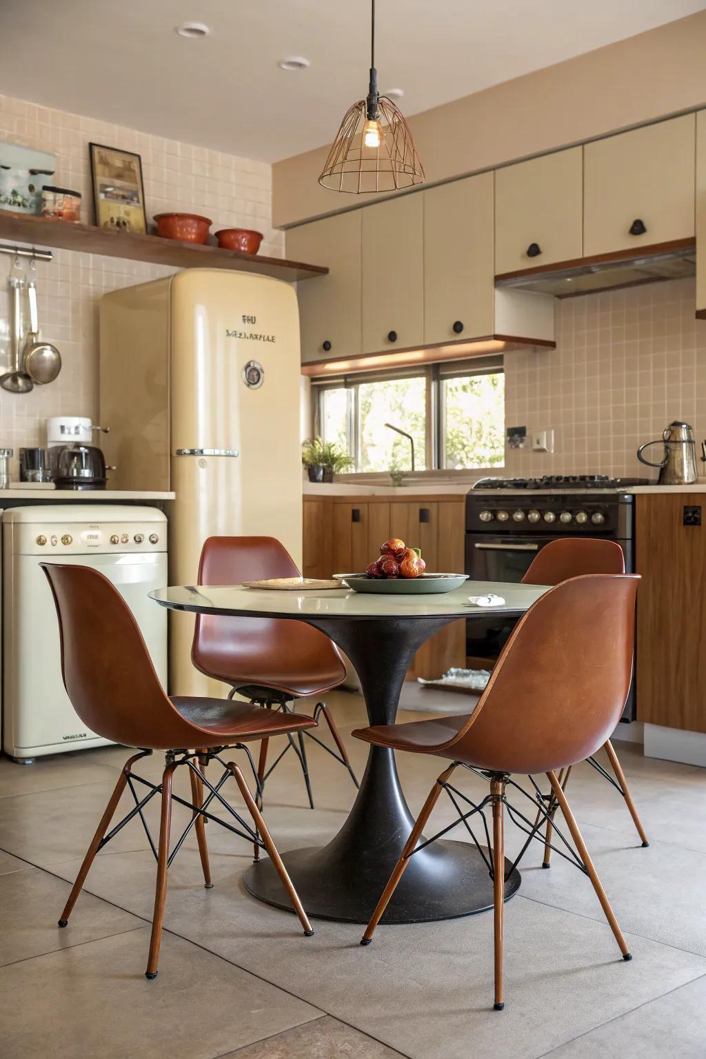 This dining space is given a touch of famous design by the Eames-style seats.