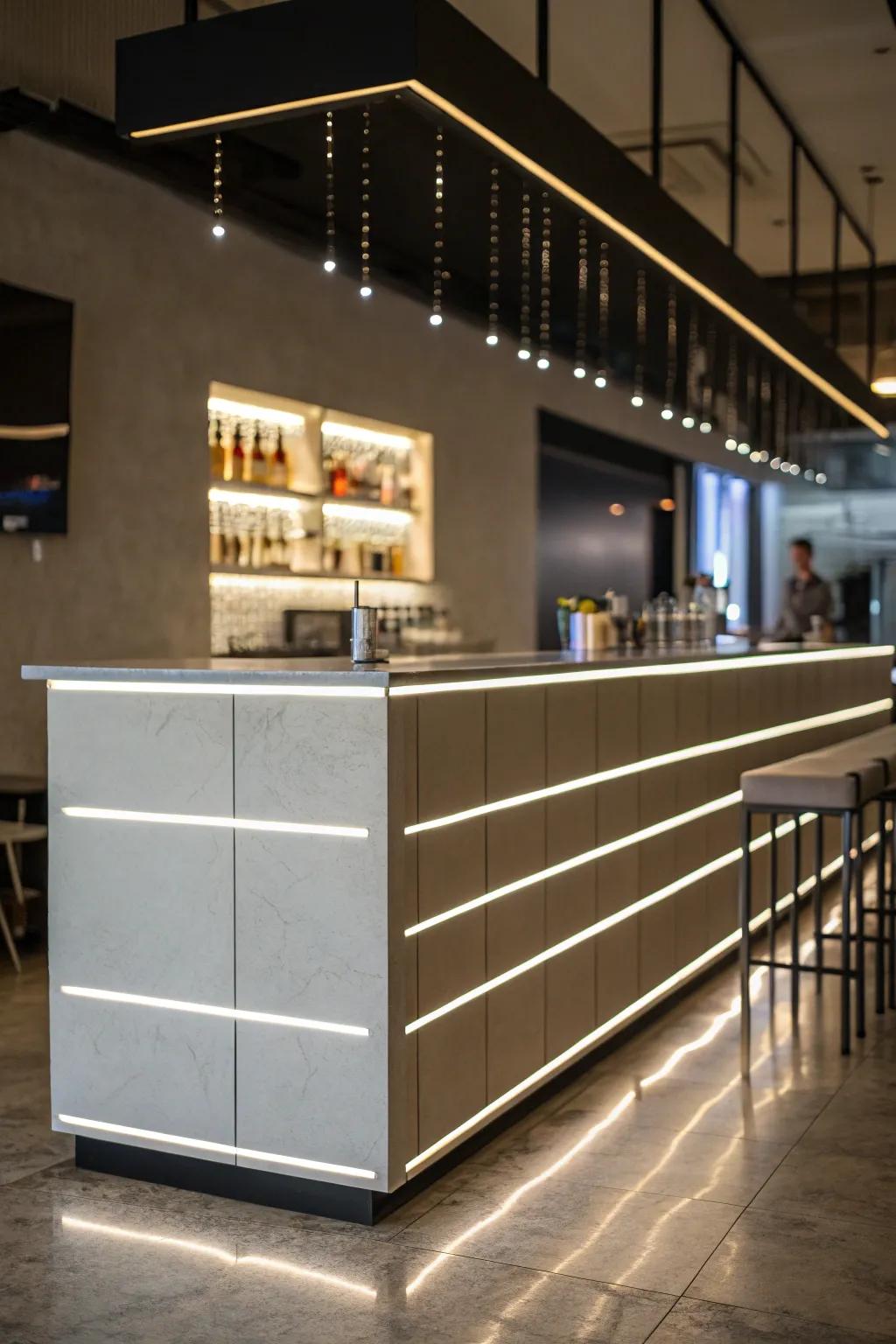 Subtle light strips present a clean, contemporary look.