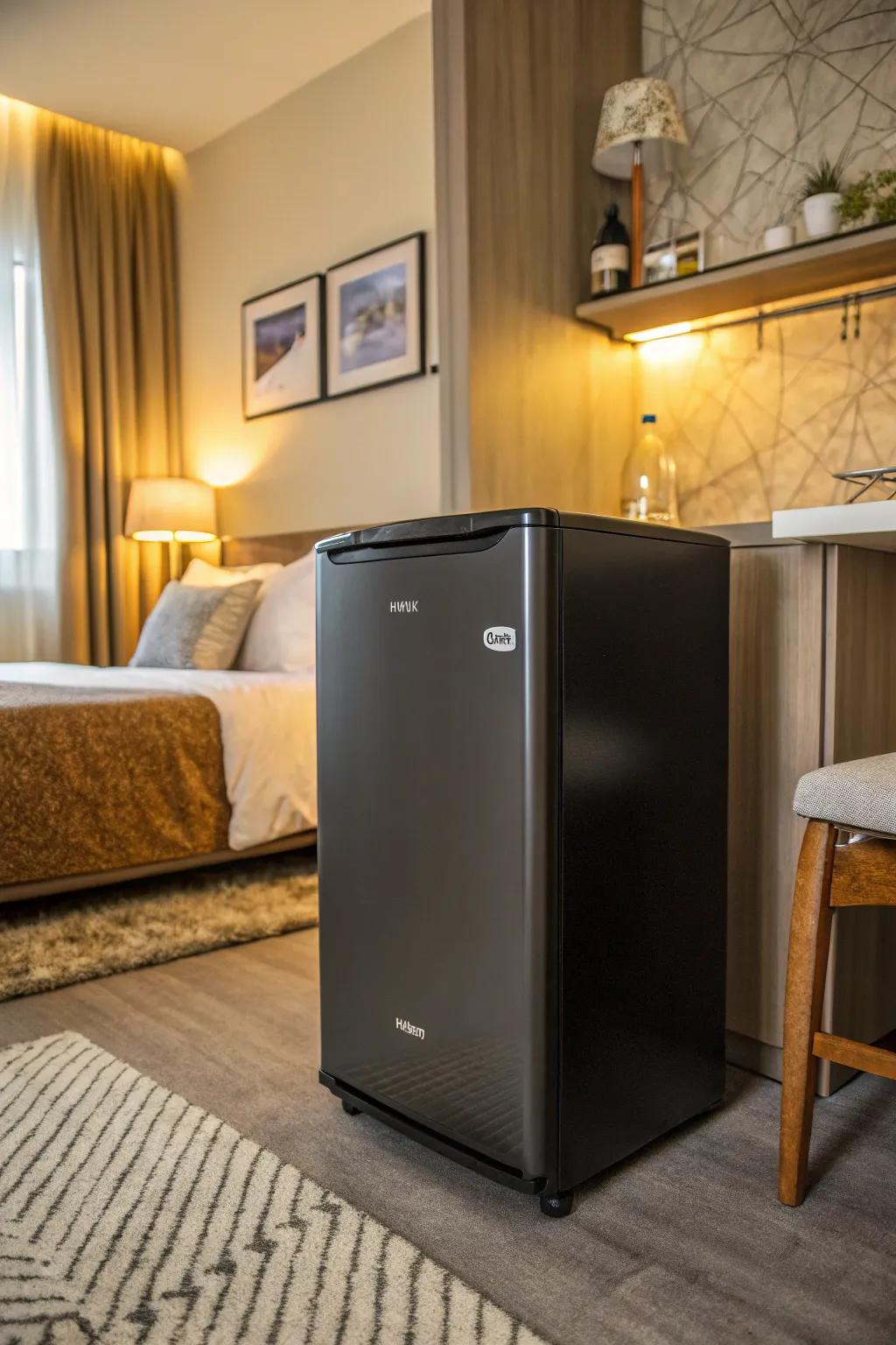 An environmentally friendly small refrigerator in a bedroom setting.
