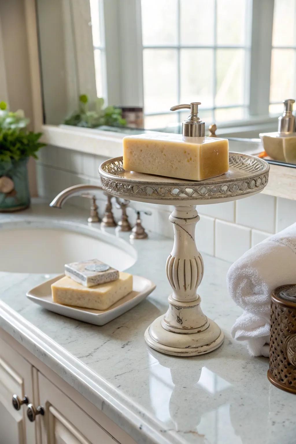 A plinth introduces elevation and involvement to the bathroom counter.