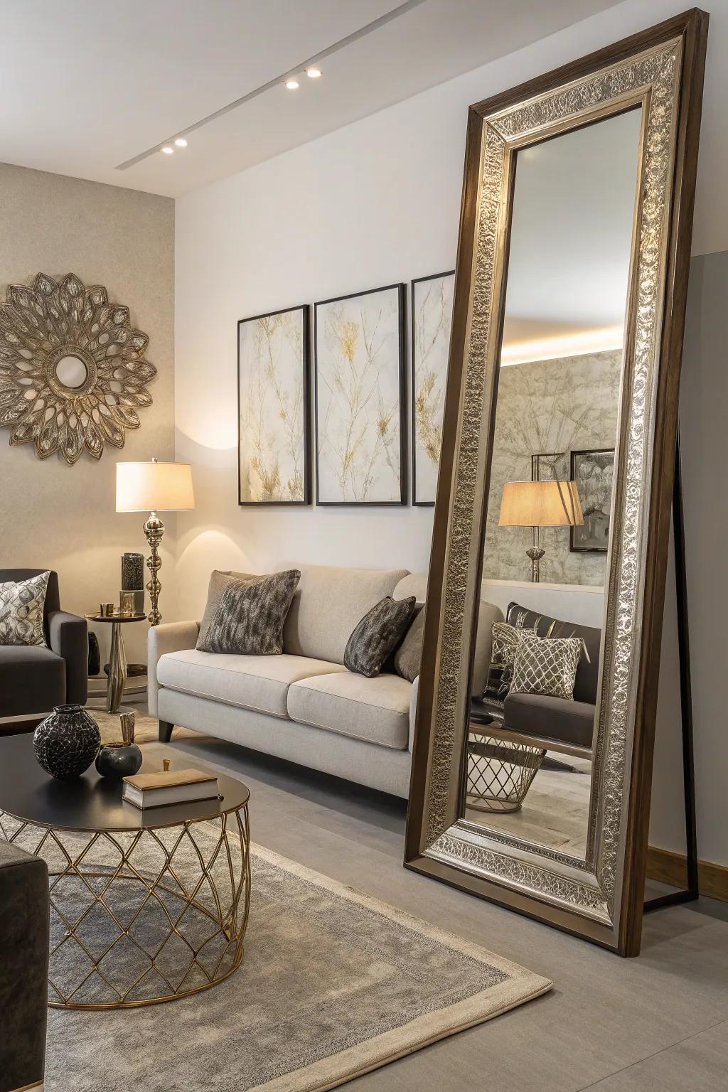 Full-length mirrors add depth and visually open up the space.