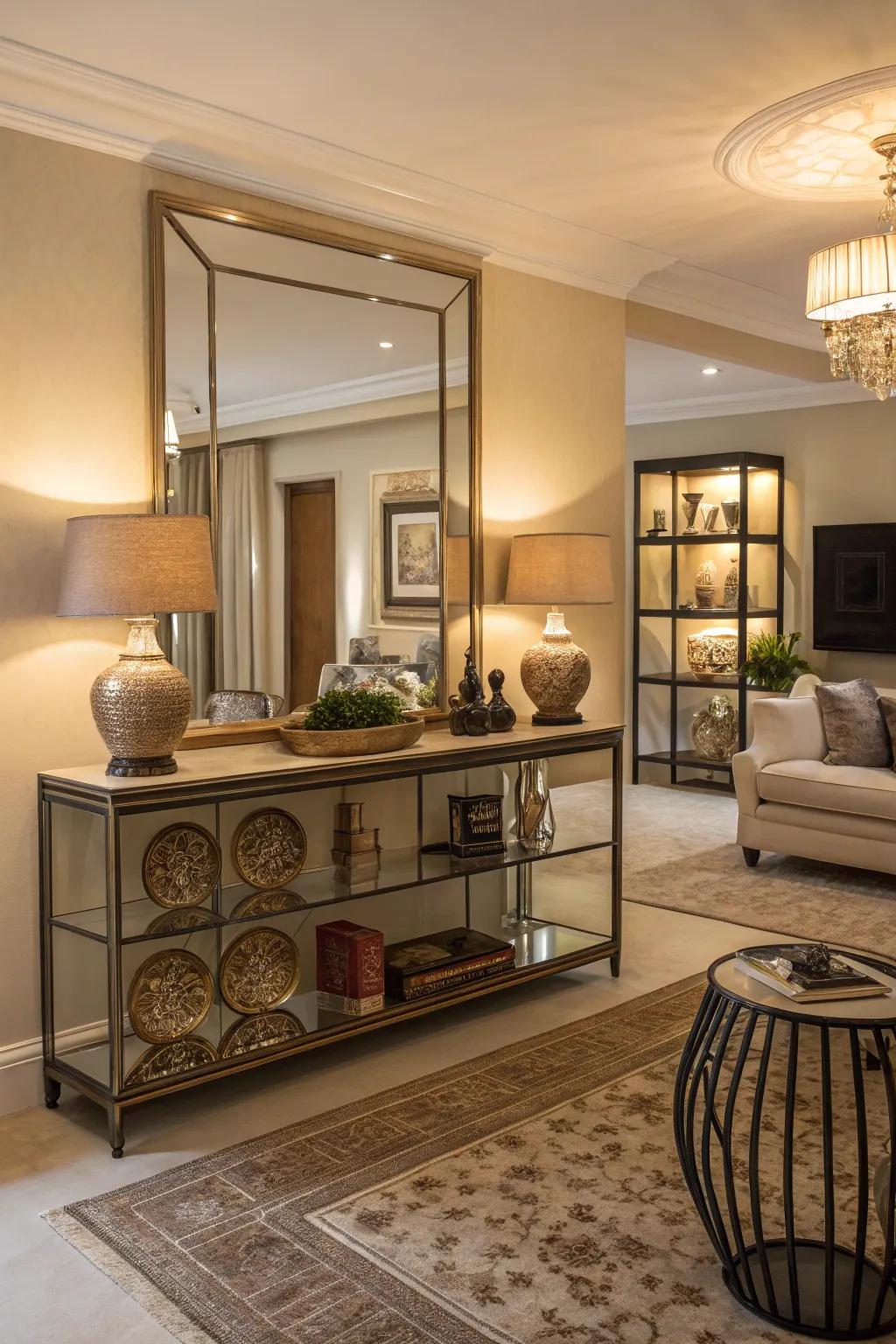 A mirrored shelf which serves as a stunning focal point inside the family room.