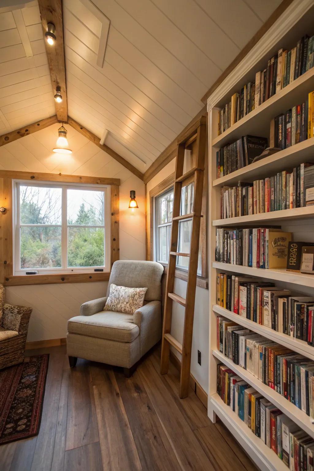 A snug second-story area featuring bookshelves and a reading chair, optimizing vertical space in the mobile residence.