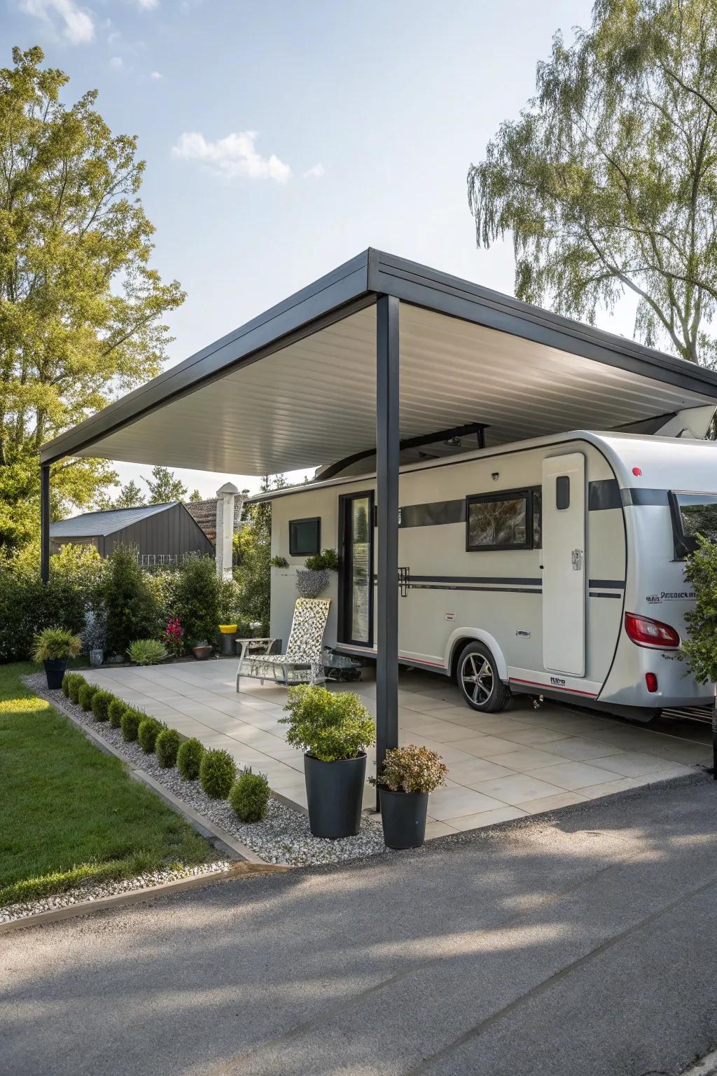 A streamlined vehicle shelter offering protection beside a mobile home.