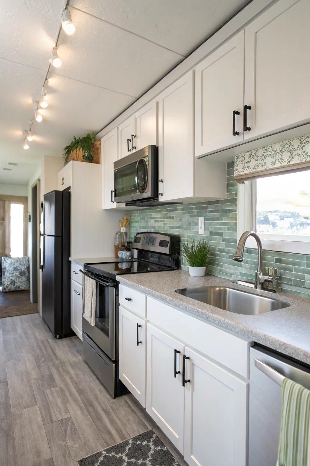 A glass tile splashback introduces a contemporary impression.